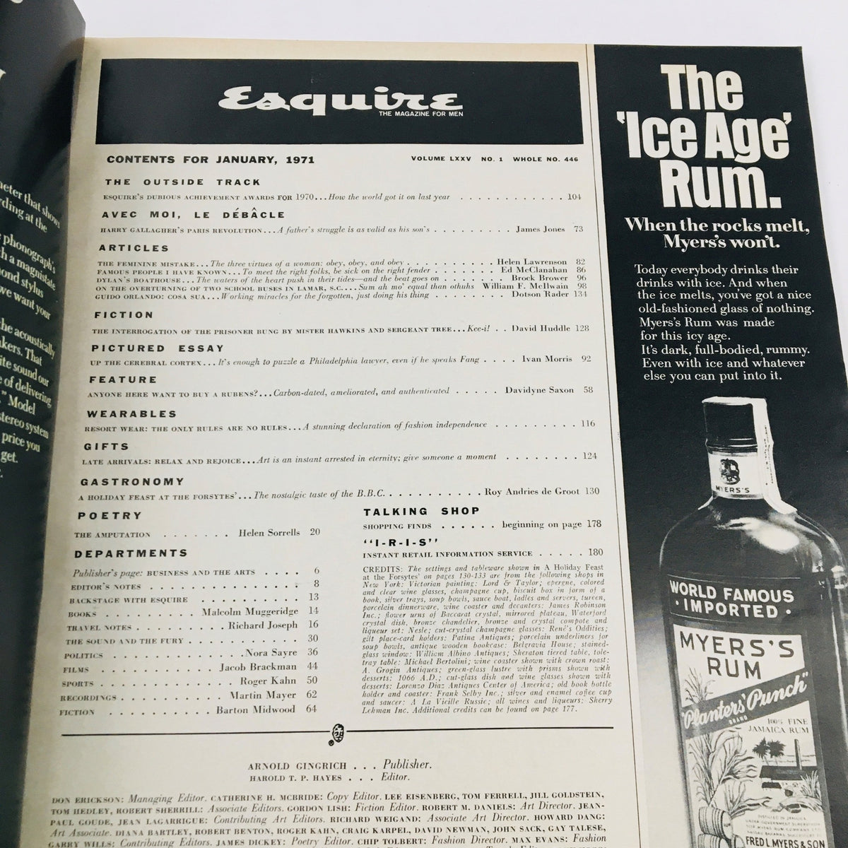 Inside page of VTG Esquire Magazine January 1971 displaying table of contents with articles, including features on cultural and social themes of the time.