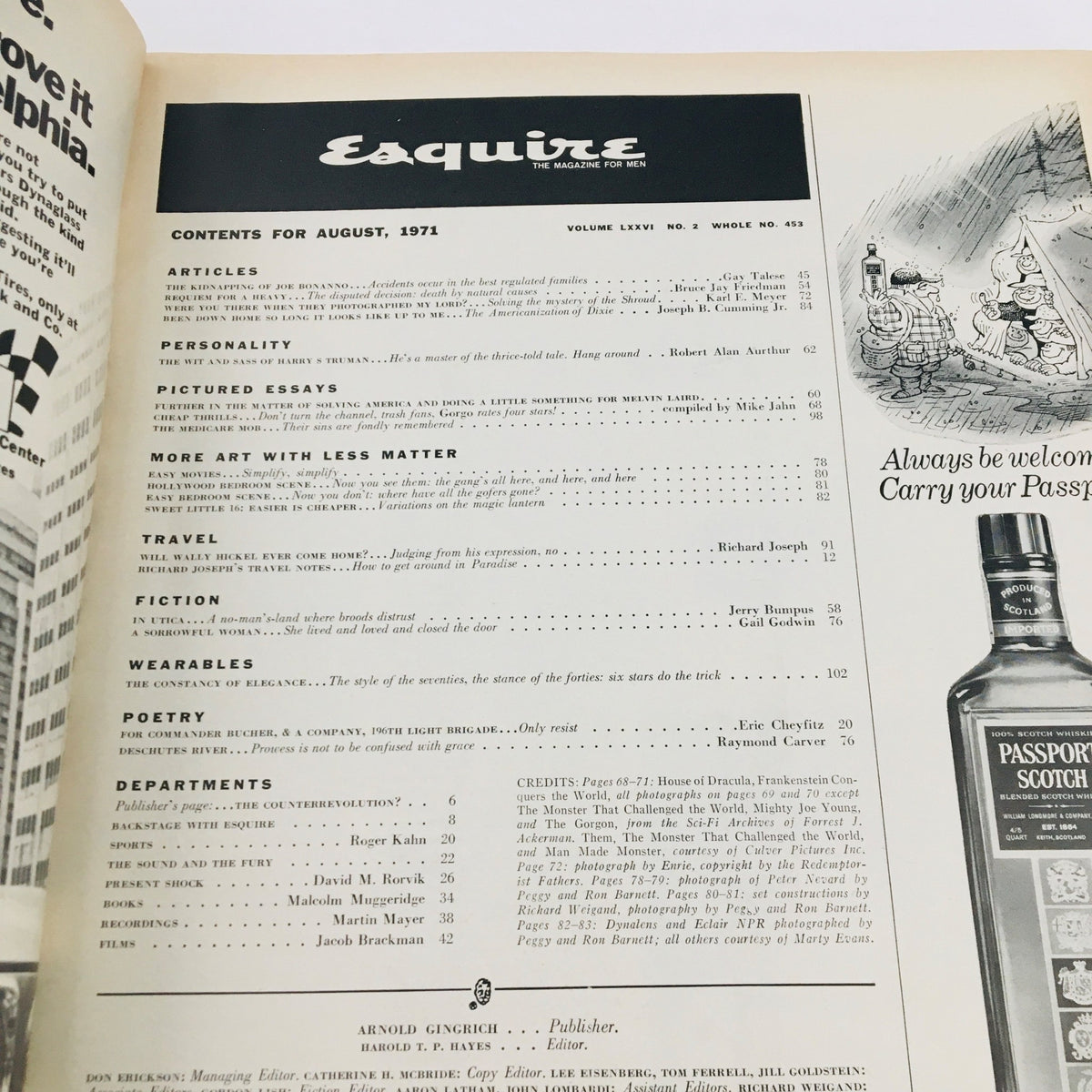 Contents page of VTG Esquire Magazine August 1971, outlining articles and features including the story of Joe Bonanno.