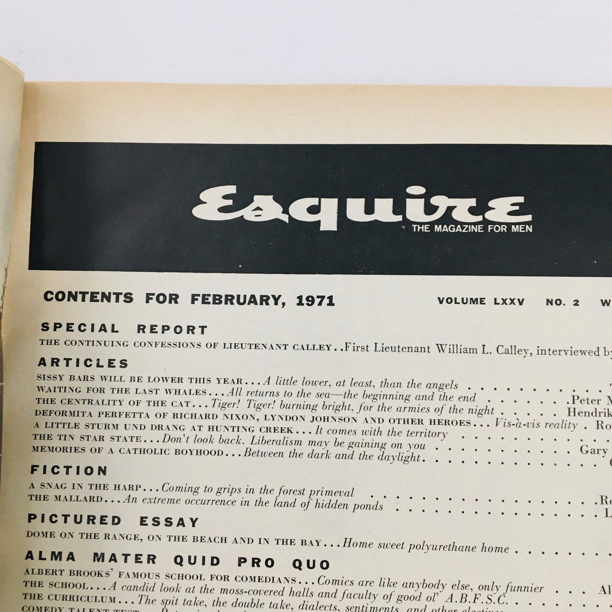 Another view of the interior contents page of VTG Esquire Magazine February 1971, listing articles and sections such as 'Sissy Bars Will Be Lower This Year'.