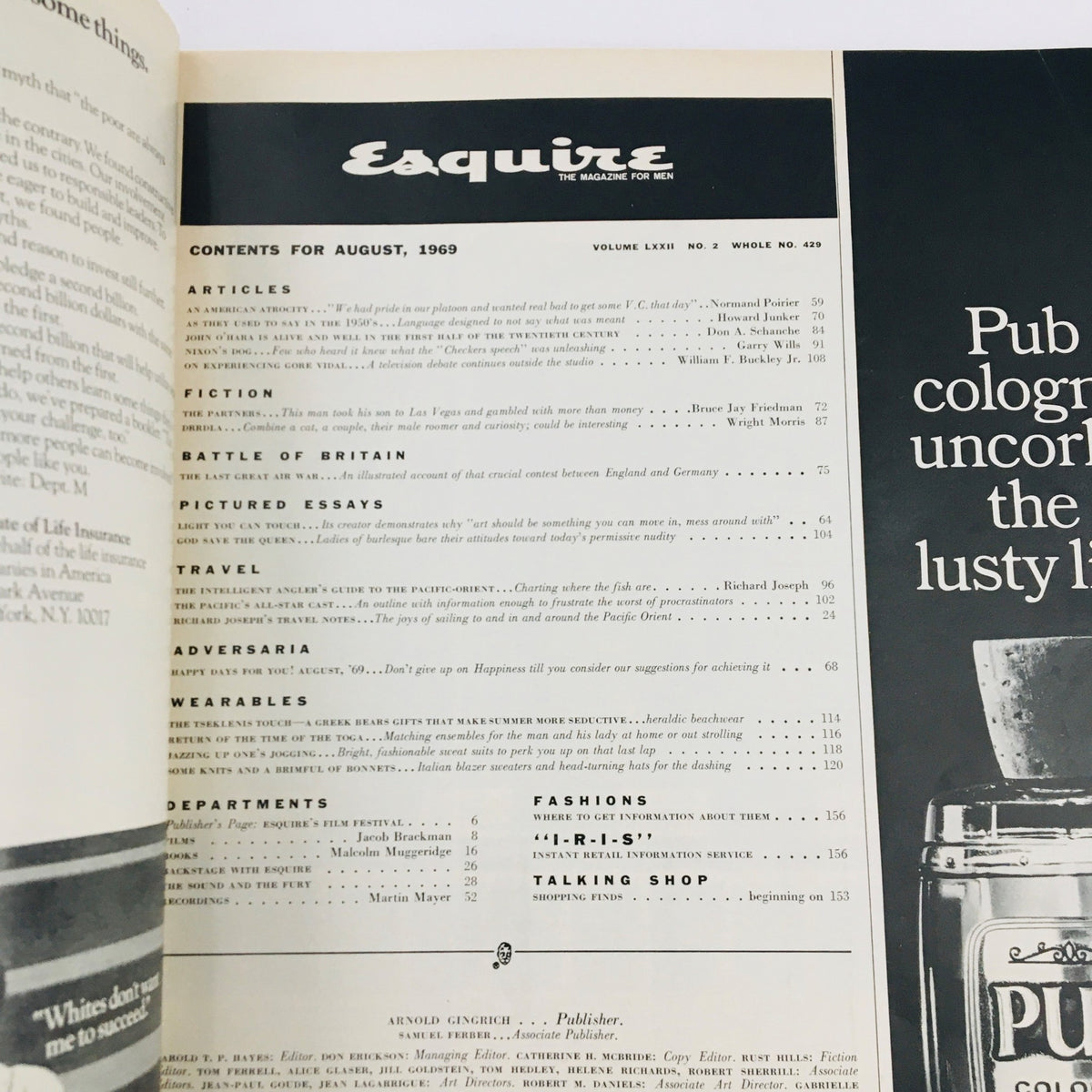 Contents page of VTG Esquire Magazine August 1969, detailing various articles and topics covered, reflecting the cultural discourse of the time.