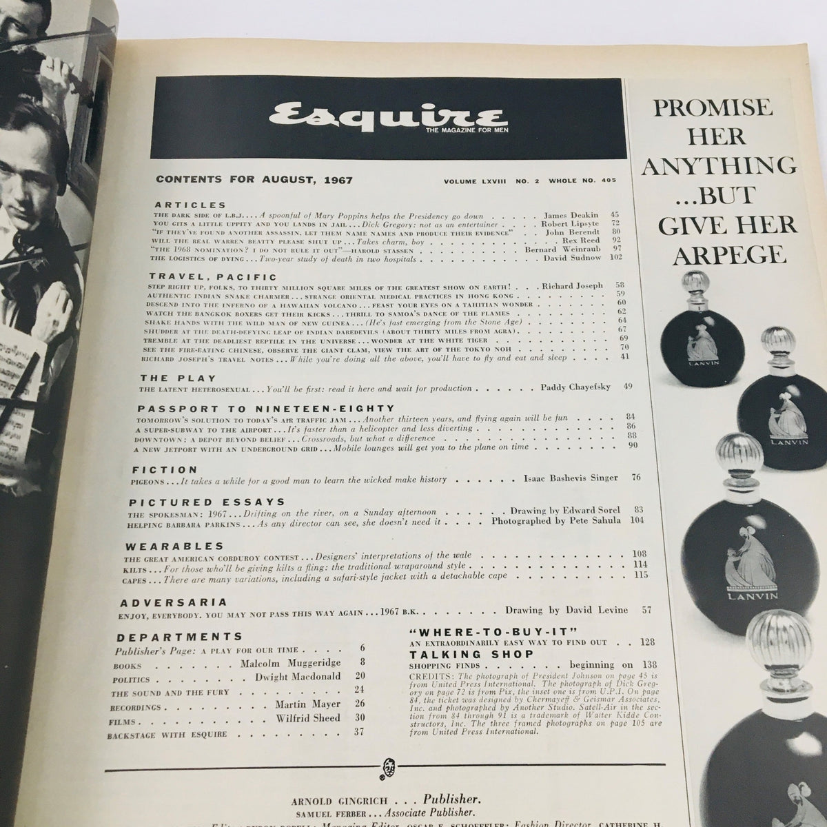 Contents page of VTG Esquire Magazine August 1967 detailing articles including 'The Latent Heterosexual' and various other engaging features for readers.