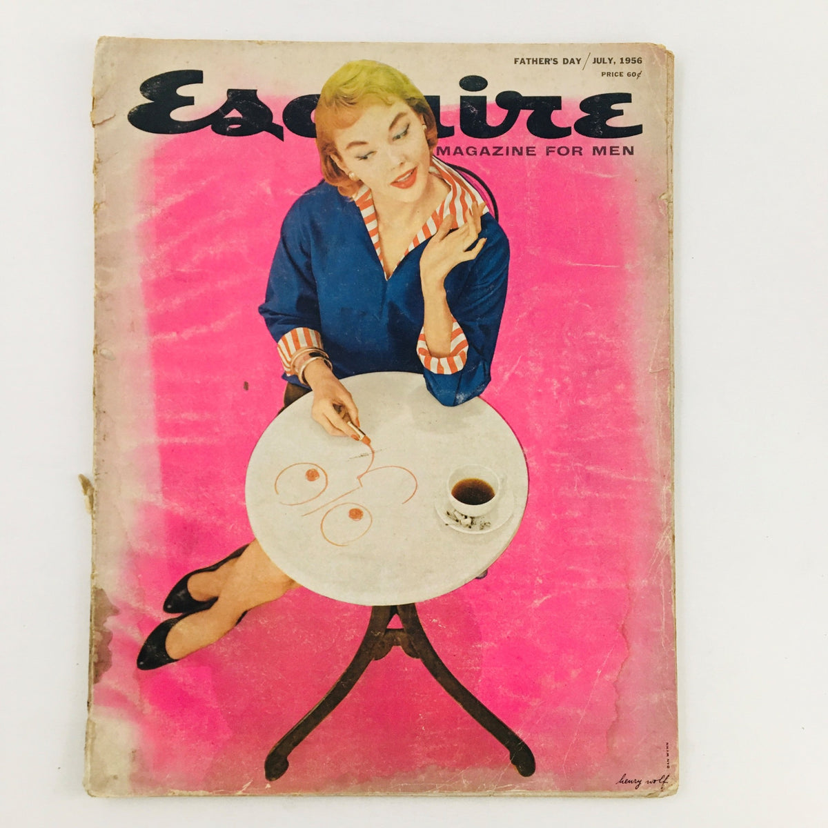 Cover of VTG Esquire Magazine July 1956 featuring a woman in a blue top and pink background, giving insight into mid-20th century culture.