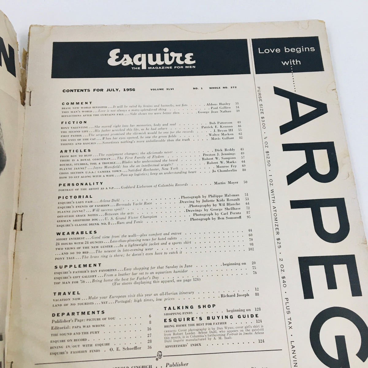 Table of contents page from VTG Esquire Magazine July 1956, revealing article topics and features relevant to its era.