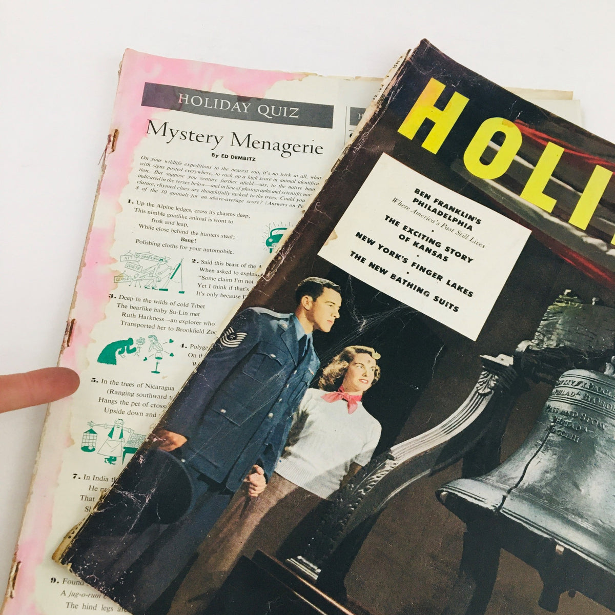 Inside view of the VTG Holiday Magazine June 1951 showing a quiz and articles related to Ben Franklin's Philadelphia, highlighted with a historical magazine aesthetic.