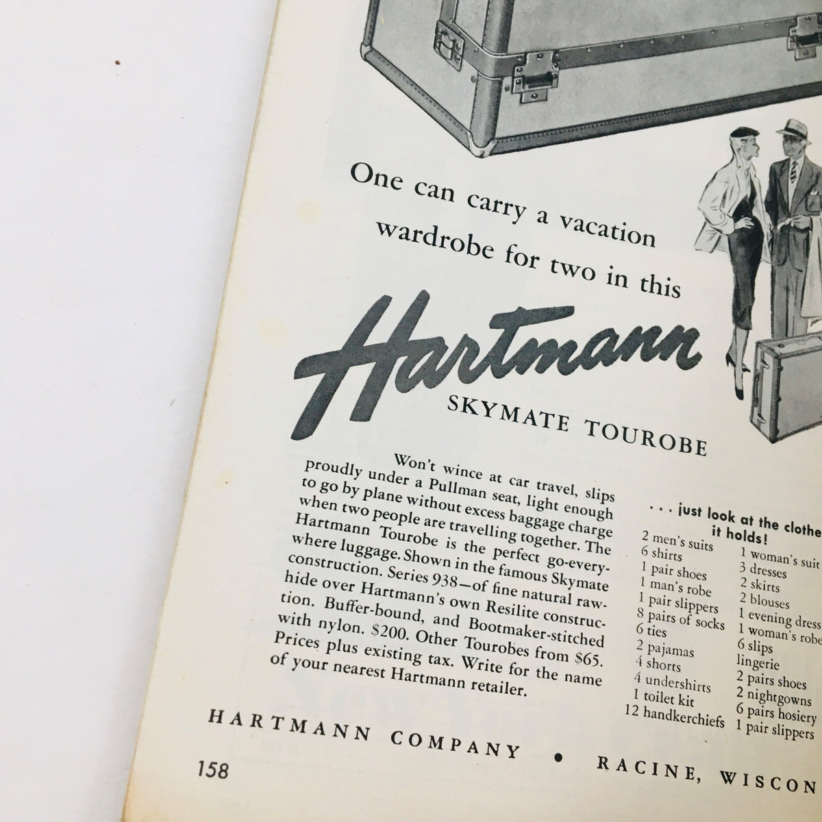 Advertisement from the VTG Holiday Magazine June 1951 featuring the Hartmann Skymate Tourobe luggage, showcasing vintage travel essentials with elegant designs.