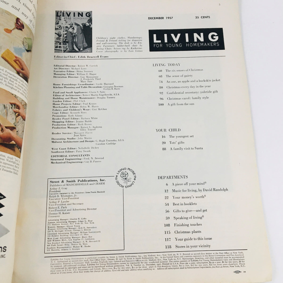 Table of contents page from Living For Young Homemakers December 1957 magazine, detailing articles such as 'The Six Senses of Christmas' and 'Your Child'.