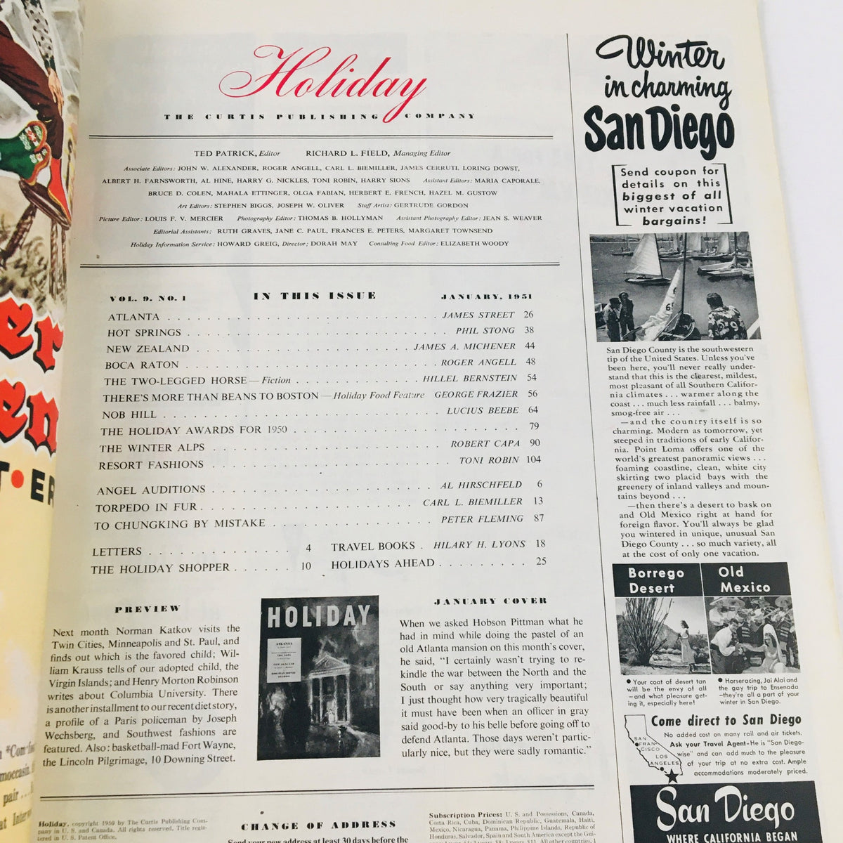 Table of contents page of the VTG Holiday Magazine January 1951, listing articles including 'Atlanta' and 'The Alps'.