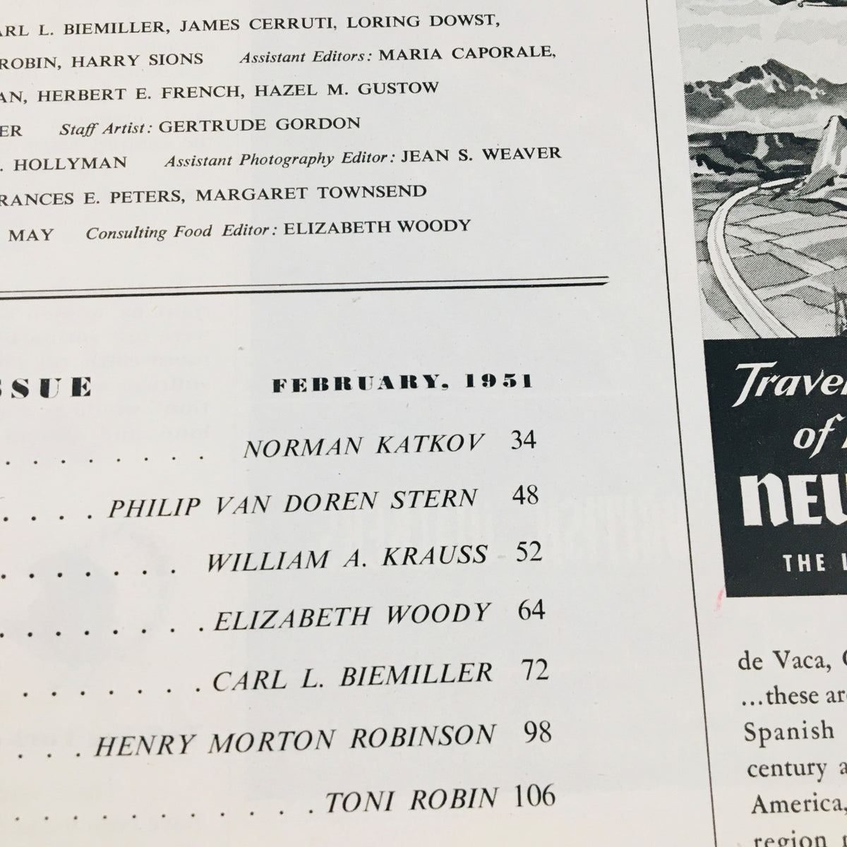 Detailed view of an inside page from the VTG Holiday Magazine February 1951 with a list of contributors and magazine content.