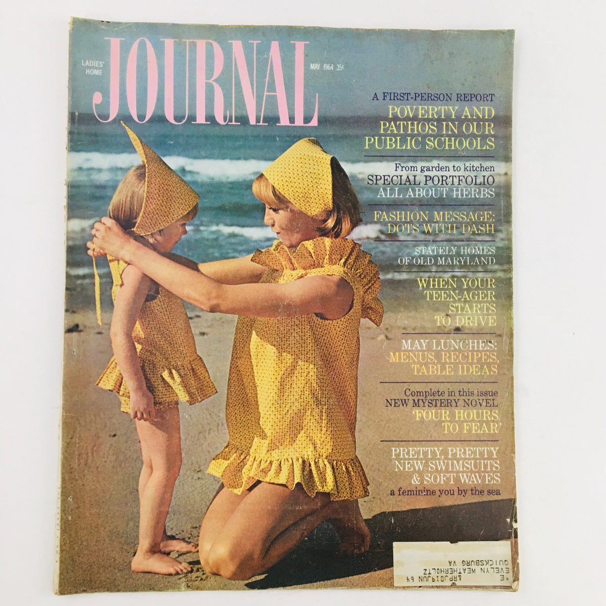 Cover of Ladies' Home Journal Magazine from May 1964 featuring the title 'Poverty & Pathos in Our Public Schools', showcasing a woman and a girl in matching yellow outfits at the beach.