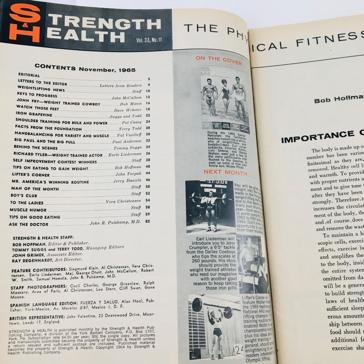Inside contents page of Strength & Health Magazine, November 1965, outlining articles on fitness routines and health tips, including editorials and features on bodybuilding.