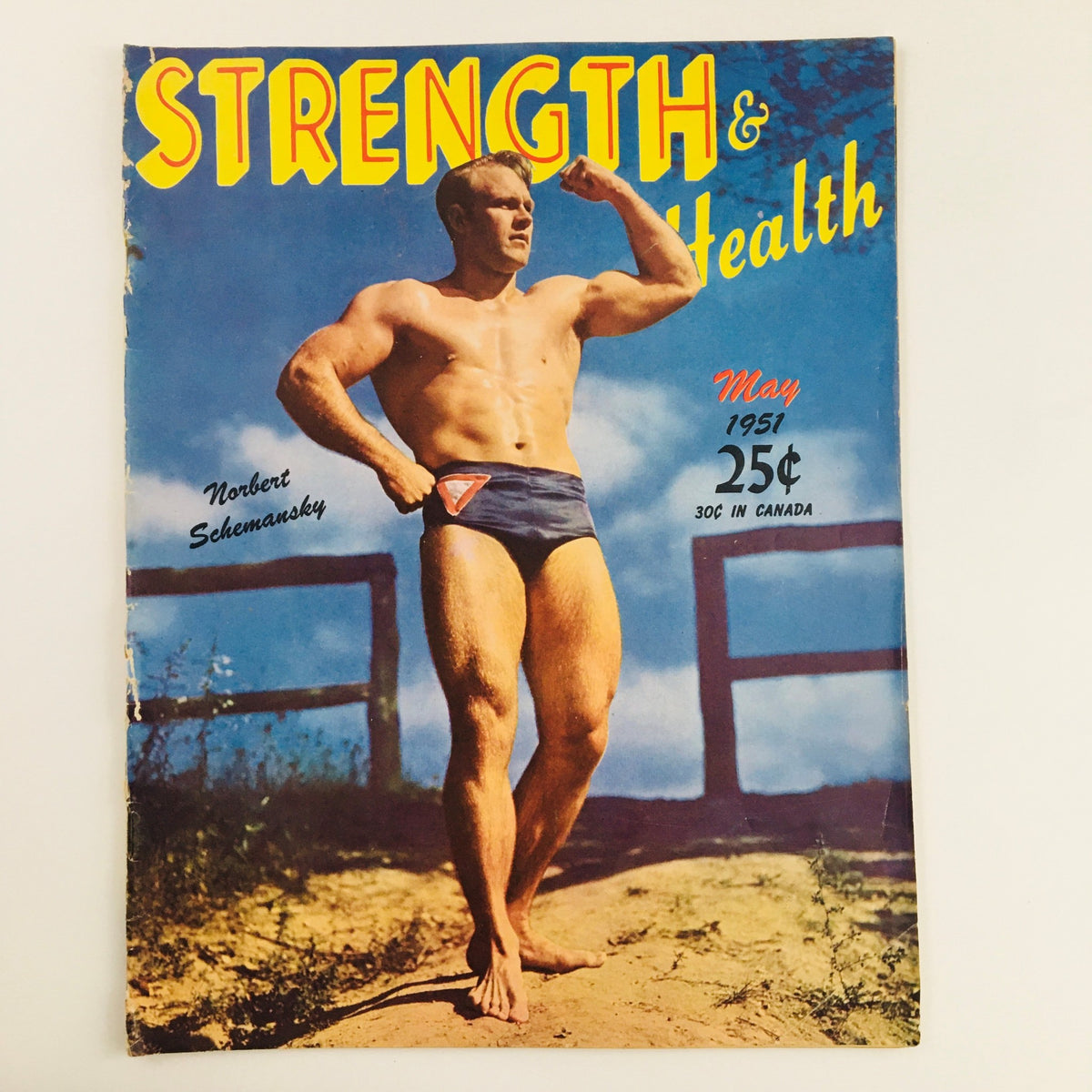 Strength & Health Magazine May 1951 cover featuring Norbert Schemansky showcasing vintage bodybuilding culture and fitness aesthetics.