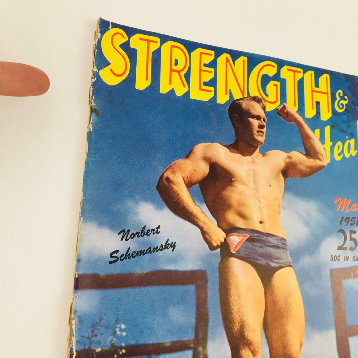 Close-up of the Strength & Health Magazine May 1951 cover highlighting Norbert Schemansky with bold title design.