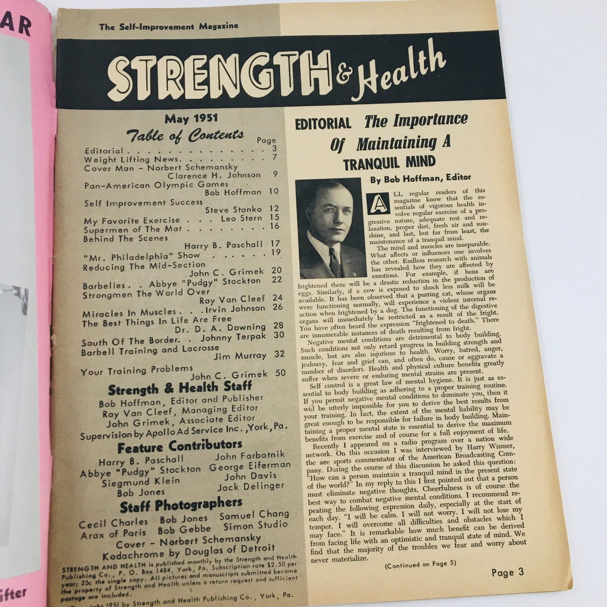 Interior page of Strength & Health Magazine May 1951 showing the table of contents and editorial notes on fitness and self-improvement.