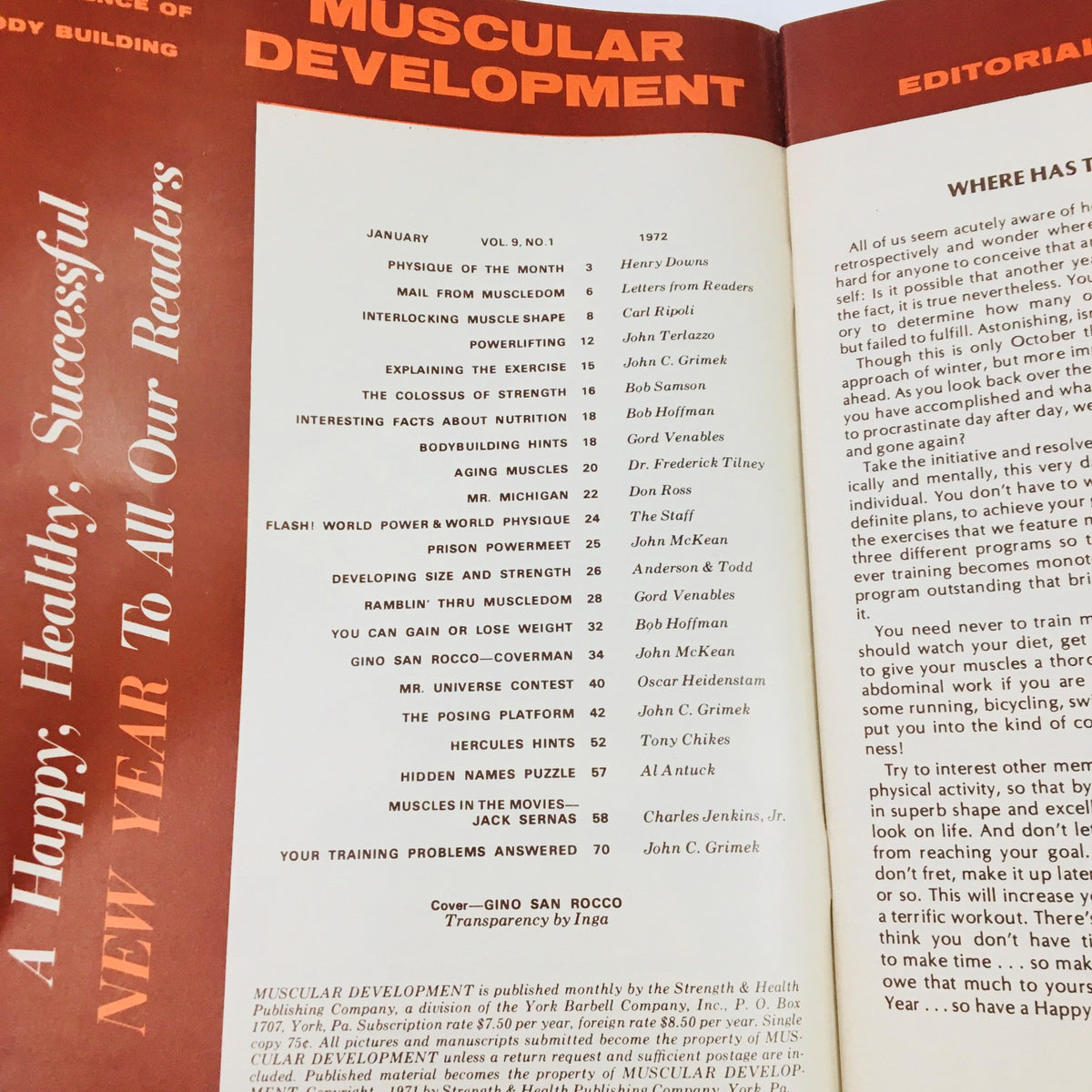Interior page of Muscular Development Magazine January 1972 displaying the editorial content including topics on strength development and bodybuilding insights.