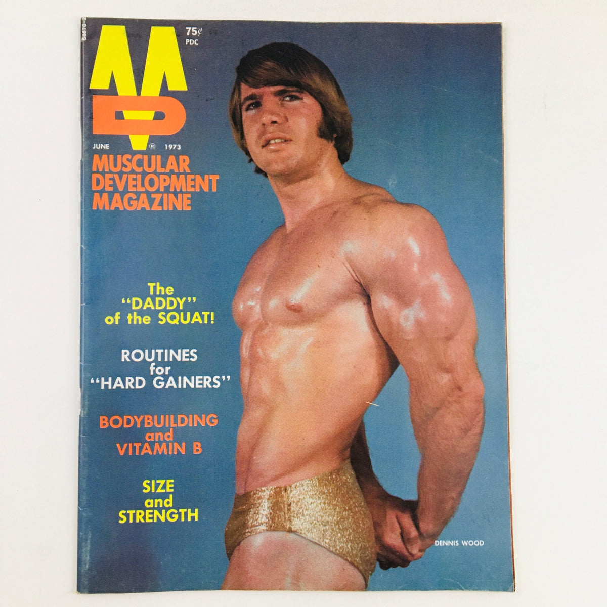 Cover of Muscular Development Magazine, June 1973, featuring Dennis Wood, known as the 'Daddy of the Squat.' The cover highlights bodybuilding routines for 'hard gainers,' and topics on bodybuilding, nutrition, and strength training.