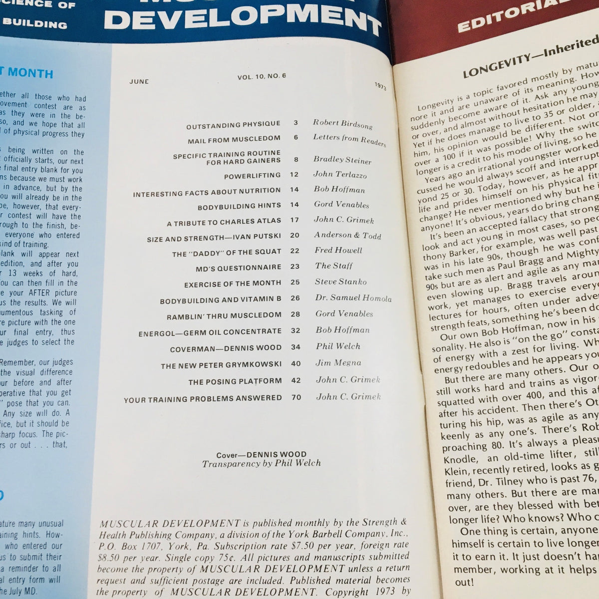 Contents page of Muscular Development Magazine, June 1973 featuring Dennis Wood, the 'Daddy of Squat', illustrating articles on bodybuilding tips, exercise techniques, and athlete profiles.