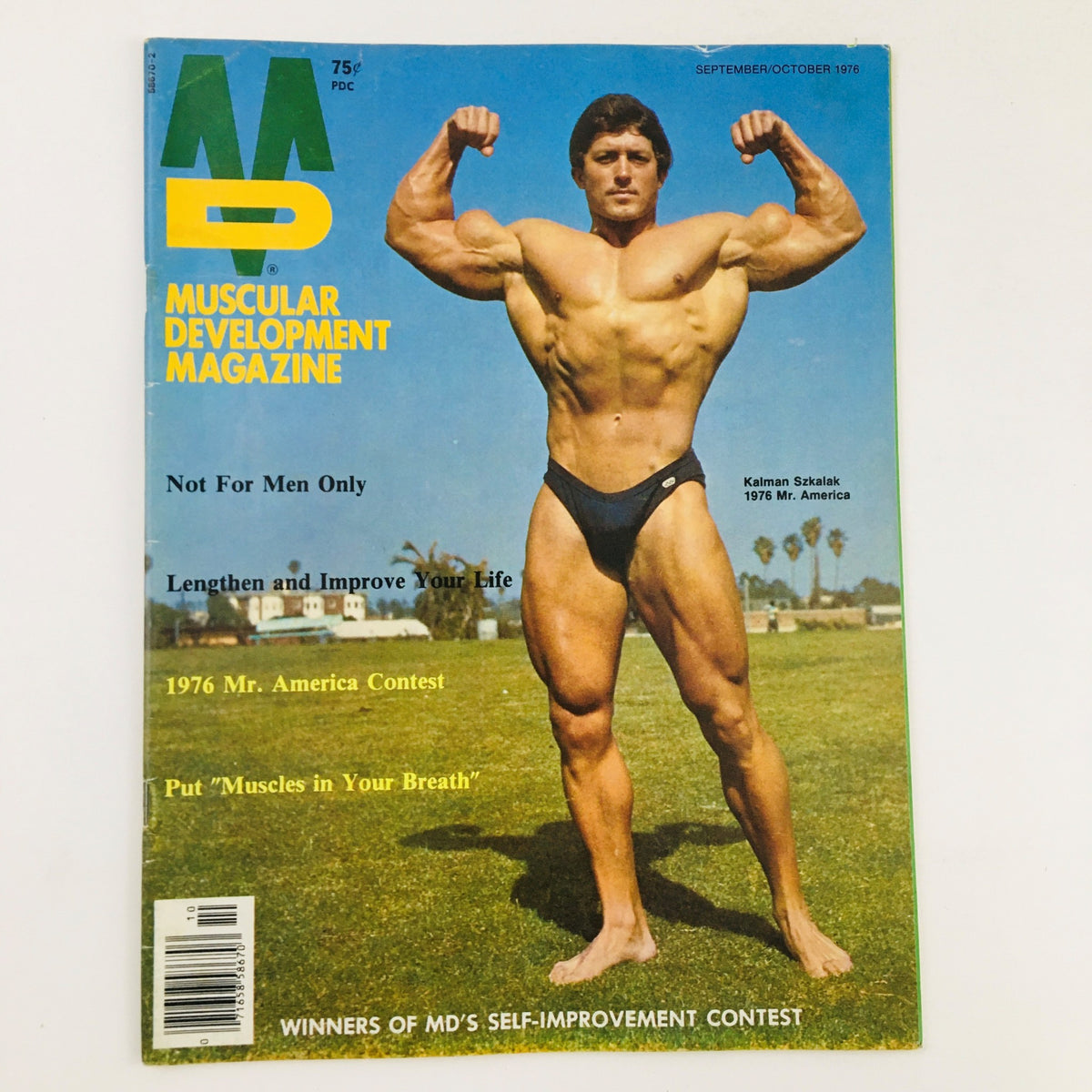 Cover of Muscular Development Magazine September 1976 featuring Kalman Szkalak, Mr. America, showcasing a muscular physique with fitness tips and bodybuilding insights.