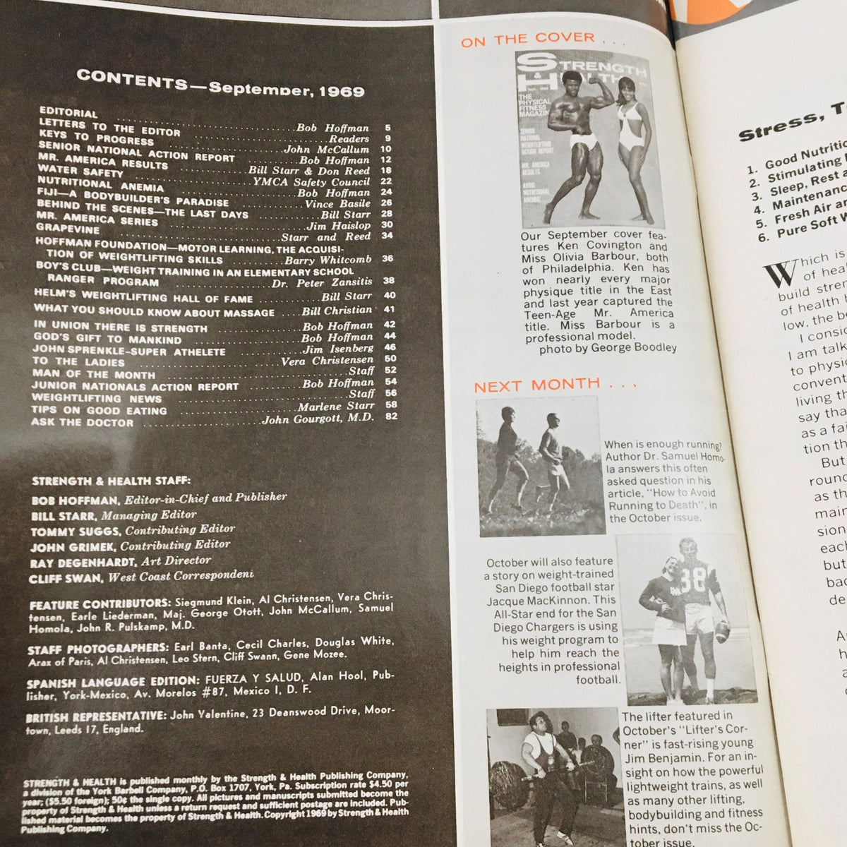 Table of contents page from Strength & Health Magazine September 1969, listing articles on fitness, Mr. America results, and health topics relevant to the era.