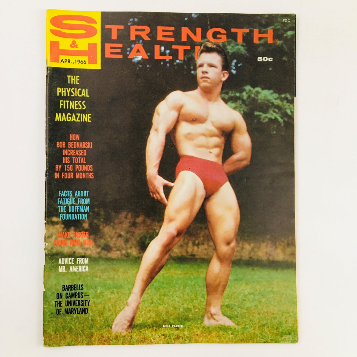 Cover of Strength & Health Magazine April 1966 featuring bodybuilder Billy Parker in a red swimsuit, showcasing classic 1960s fitness culture.