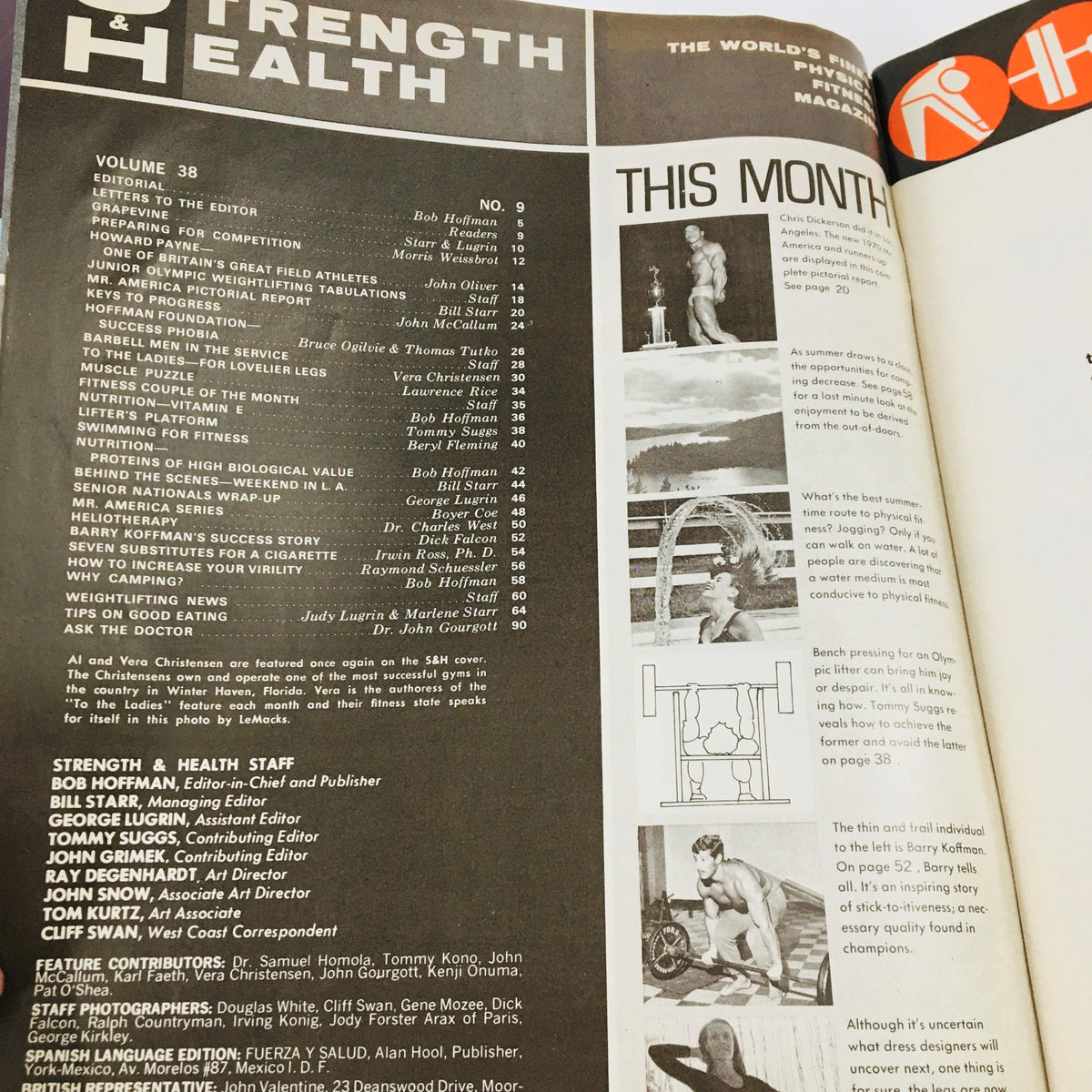 Inside page layout of Strength & Health Magazine September 1970 highlighting articles and features from that issue.