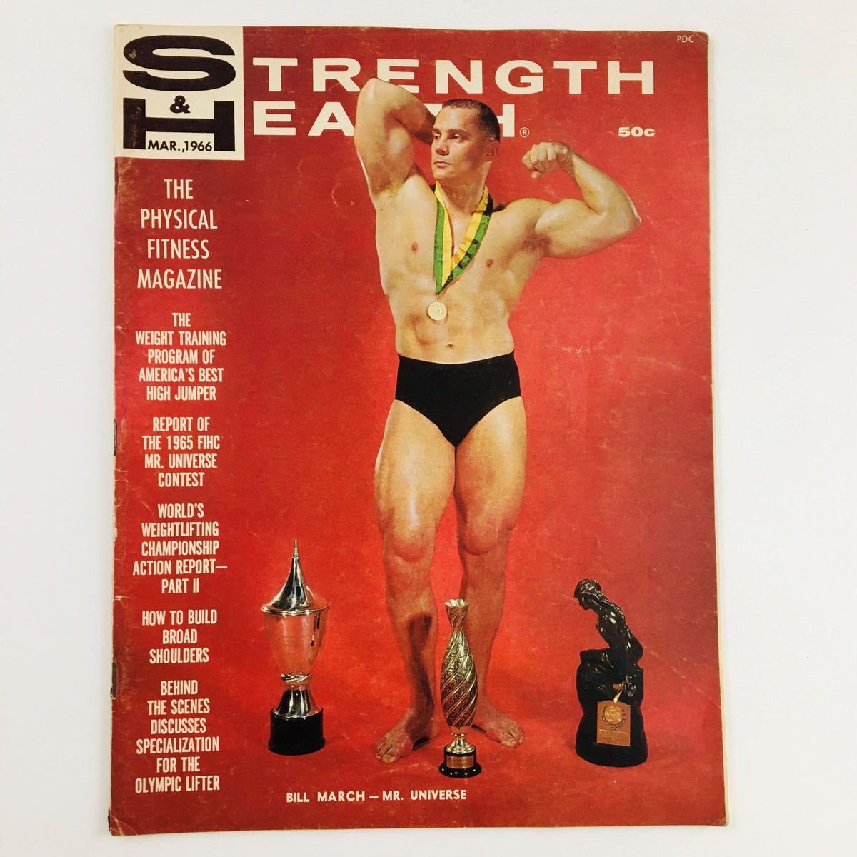 Cover of Strength & Health Magazine March 1966 featuring Bill March, Mr. Universe, showcasing fitness culture of the 1960s with awards and medals.
