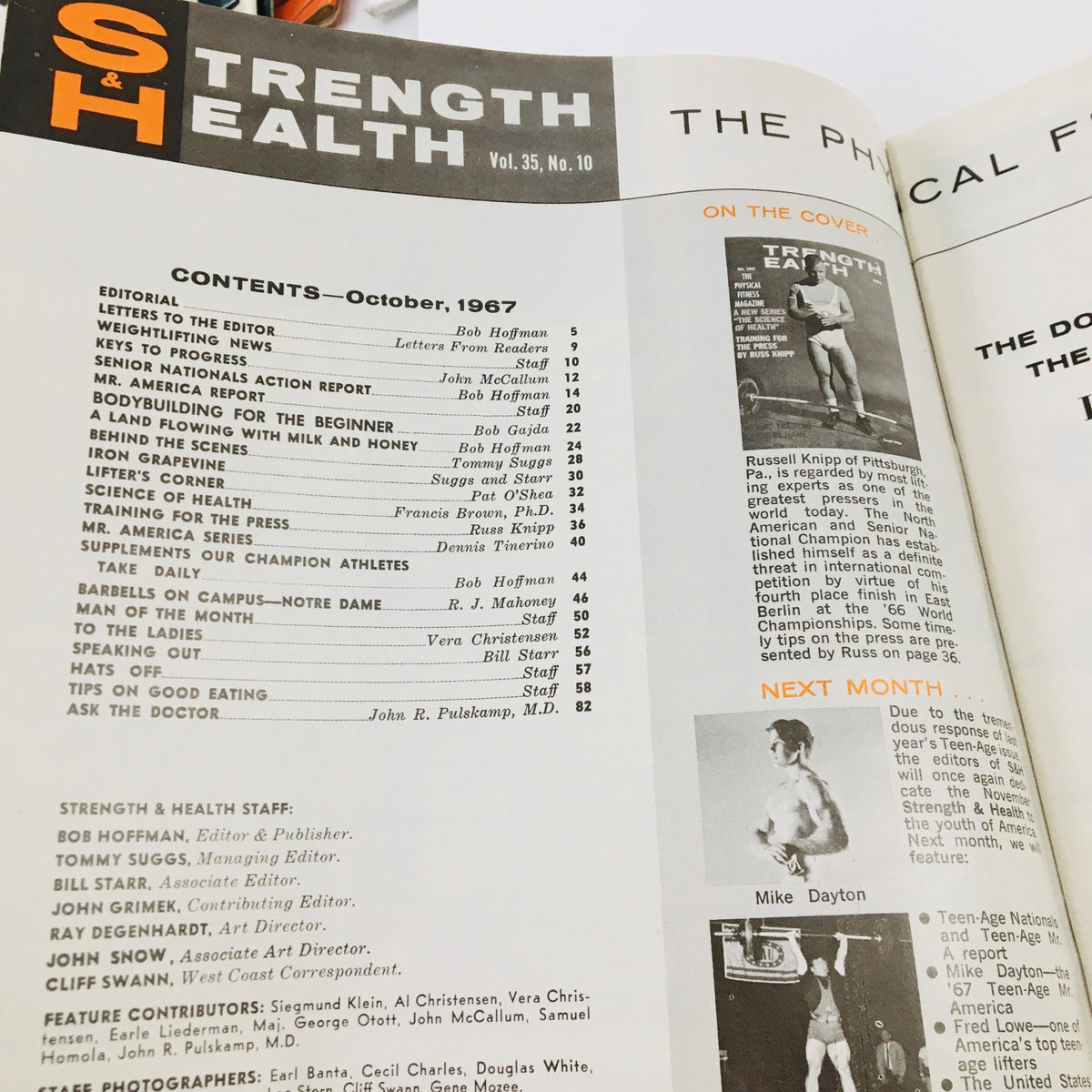 Contents page of Strength & Health Magazine October 1967, highlighting articles, topics, and the cover feature on bodybuilder Russell Knipp.
