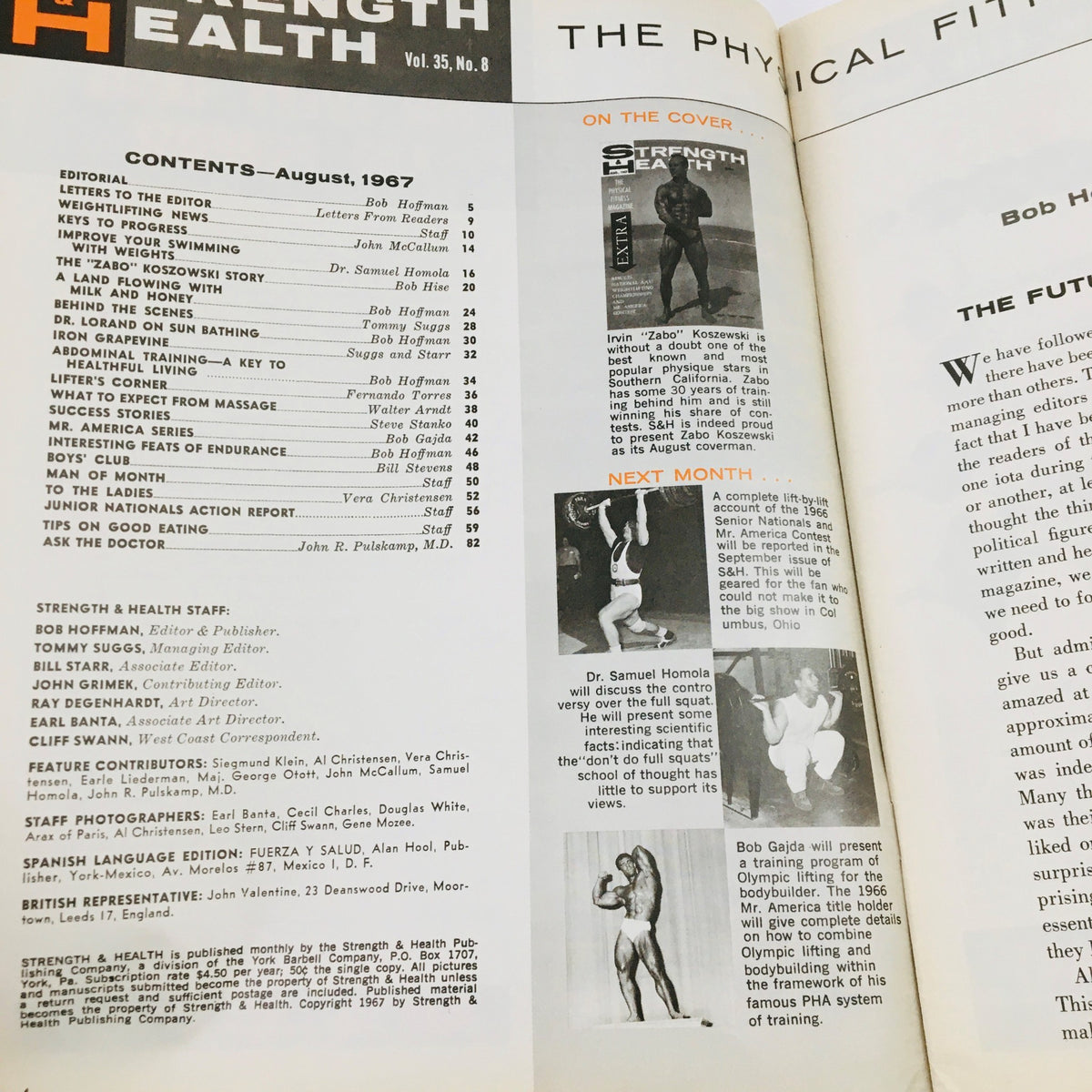 Contents page of Strength & Health Magazine August 1967, listing articles and features including Irvin 'Zabo' Koszewski on the cover.