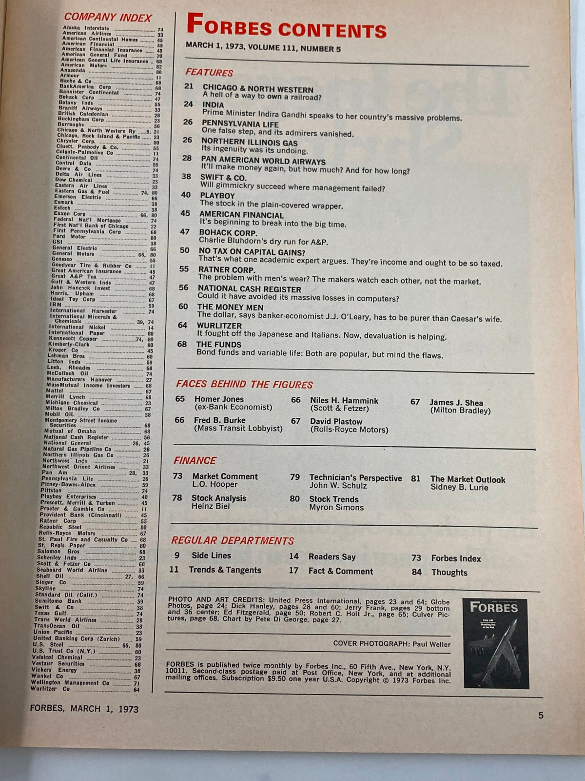 Table of contents page from VTG Forbes Magazine March 1 1973 detailing featured articles and topics, including Pan Am and other business insights.