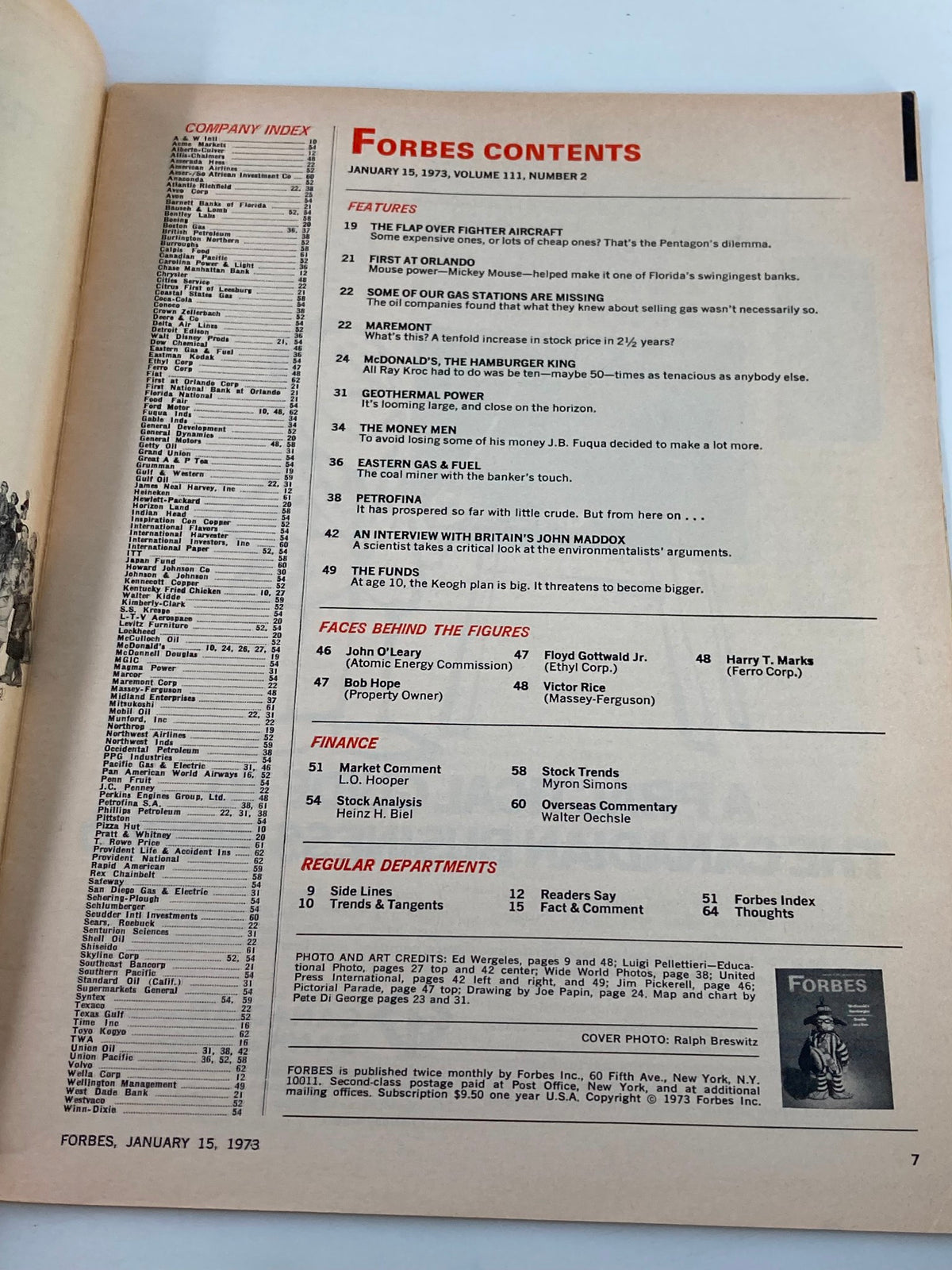 Contents page of VTG Forbes Magazine January 15 1973, listing features including McDonald's Hamburglar story, highlighting articles relevant to the business landscape of the 1970s.