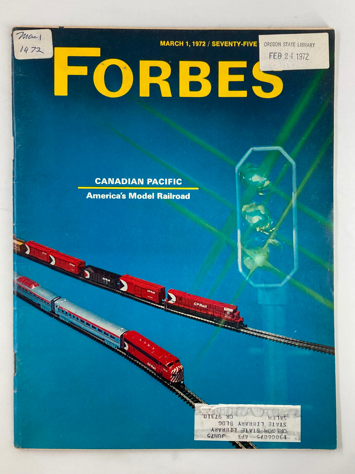 Cover of VTG Forbes Magazine from March 1, 1972, featuring Canadian Pacific America's Model Railroad, showcasing vibrant graphics and train imagery, ideal for collectors.