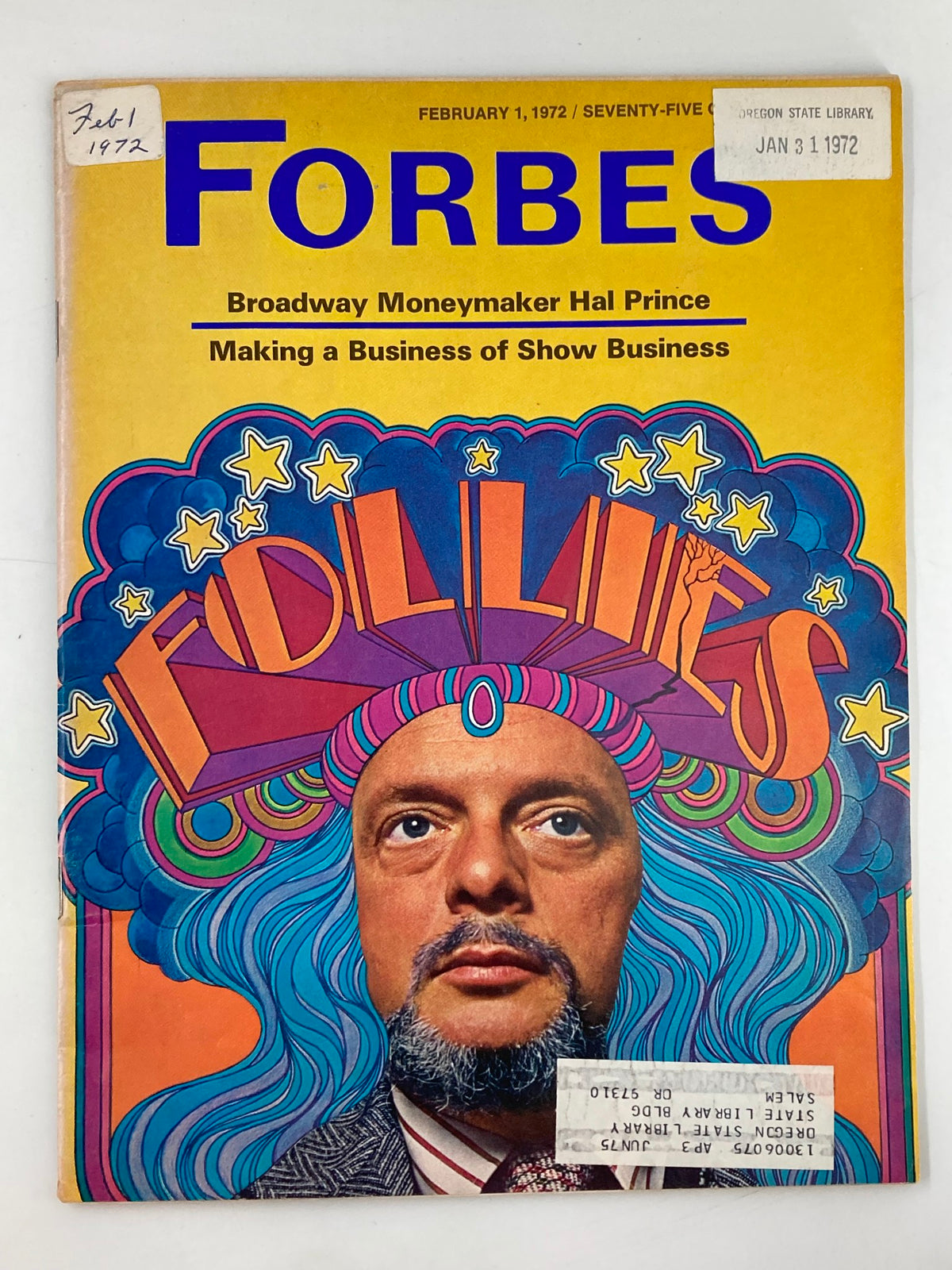 Cover of VTG Forbes Magazine February 1, 1972 featuring Broadway moneymaker Hal Prince, showcasing vibrant graphics and a notable design reflecting the era's artistic style.