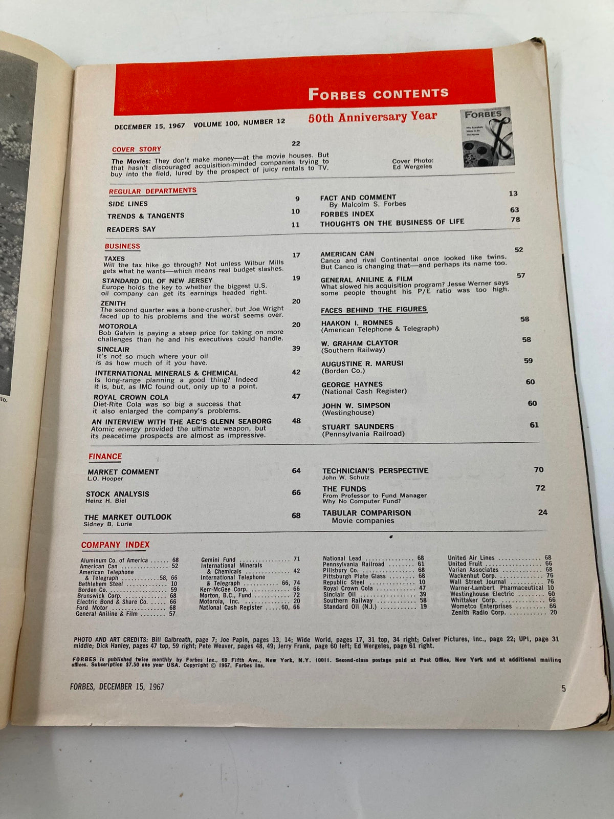 Inside page of VTG Forbes Magazine December 15, 1967, displaying the contents section with details about the featured articles, including 'Why Everybody Wants In On The Movies'.