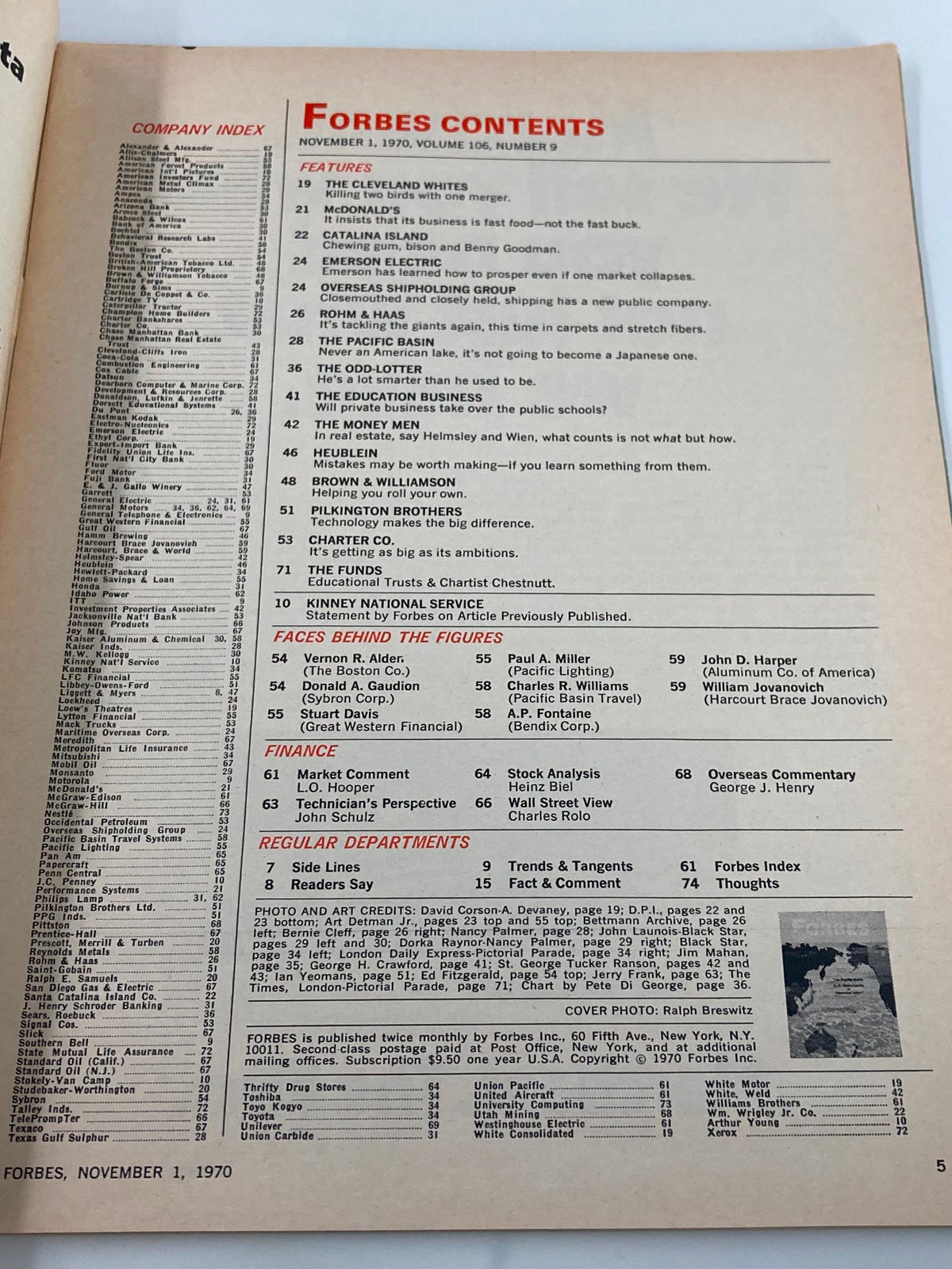 Contents page of Forbes Magazine, November 1, 1970, displaying an index of articles and features including 'The Pacific Basin' and other economic analyses for collectors and vintage magazine enthusiasts.
