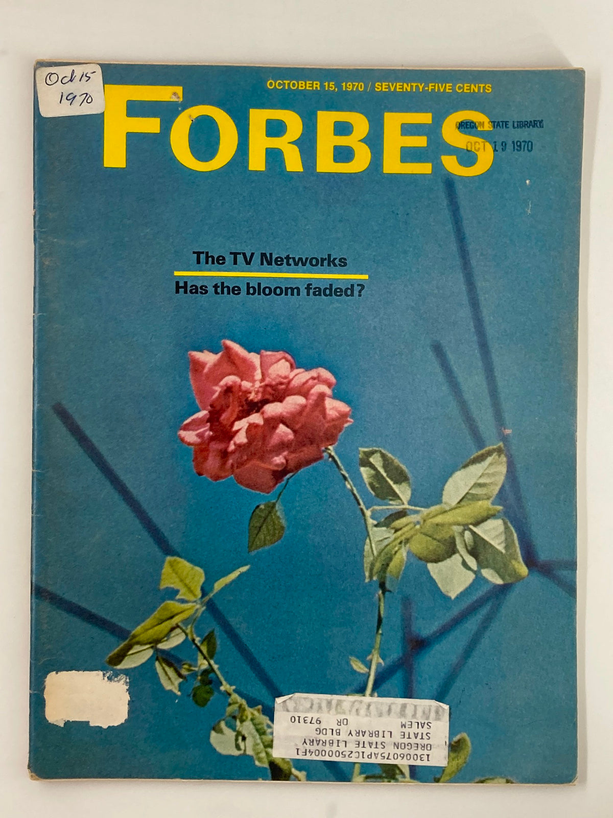 Cover of the vintage Forbes Magazine from October 15, 1970, titled 'The TV Networks: Has the Bloom Faded?' featuring a pink rose against a blue background.
