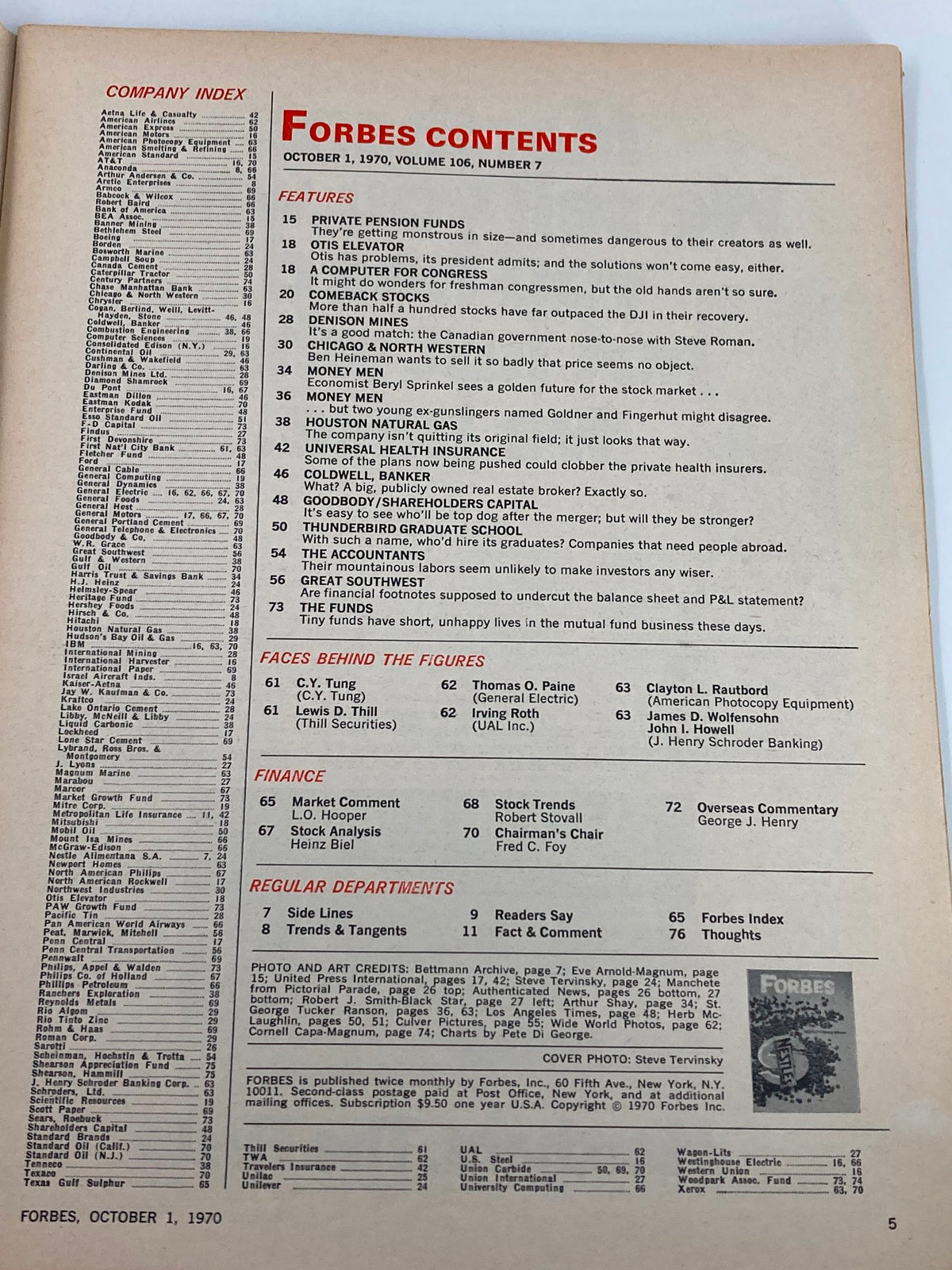 Contents page of the VTG Forbes Magazine October 1, 1970, listing features, articles, and sections including topics on private pension funds, commodities, and financial trends.