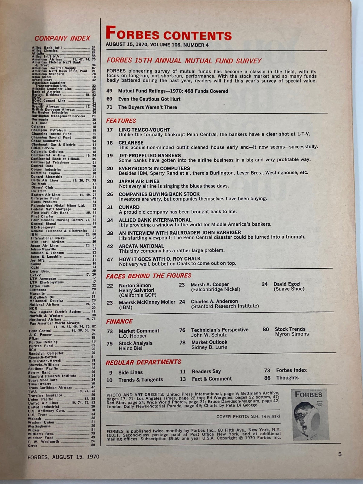 Contents page of VTG Forbes Magazine August 15, 1970, displaying the features and articles including the 15th Annual Mutual Fund Survey and various financial topics.