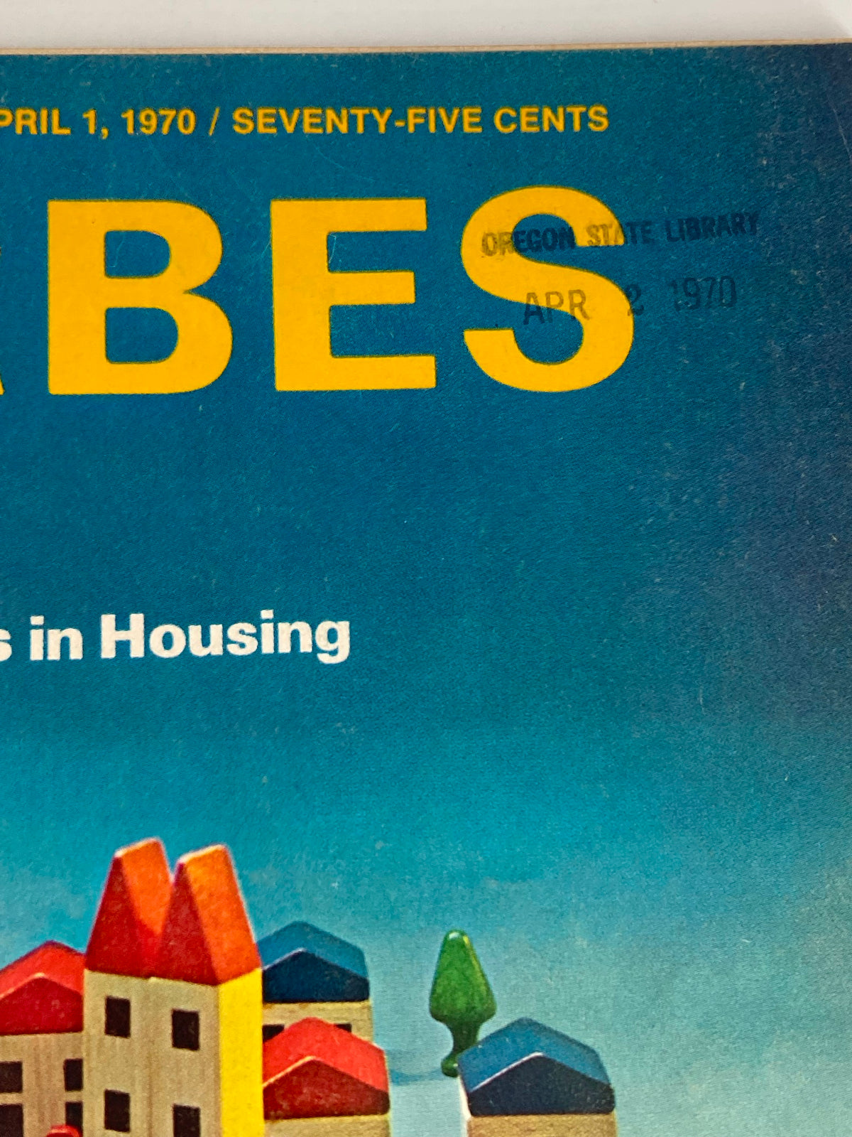 Close-up of the VTG Forbes Magazine April 1 1970 Cover highlighting the title and date, with Oregon State Library stamp.