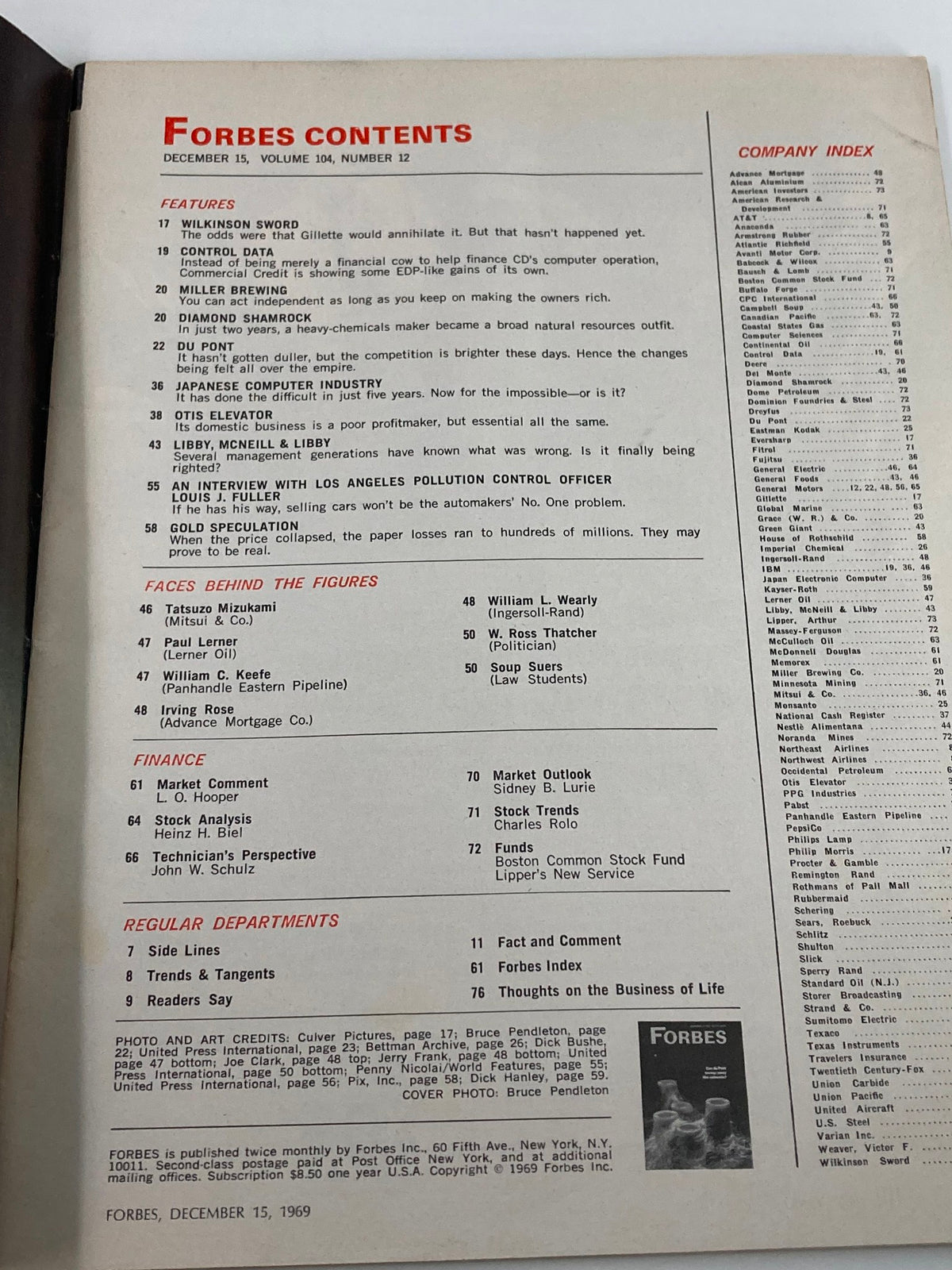 Contents page of VTG Forbes Magazine December 15 1969, displaying articles and features from this vintage issue.