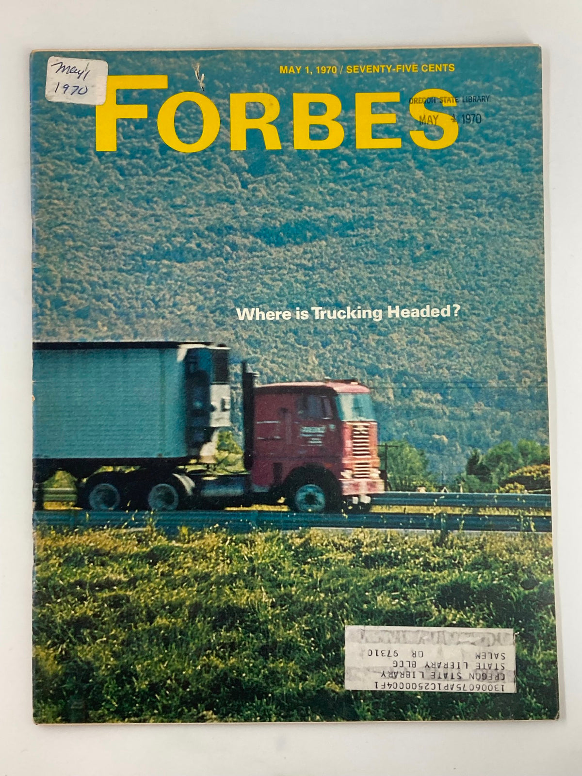Cover of VTG Forbes Magazine May 1, 1970, featuring a red truck on a highway with mountainous background, titled 'Where is Trucking Headed?'