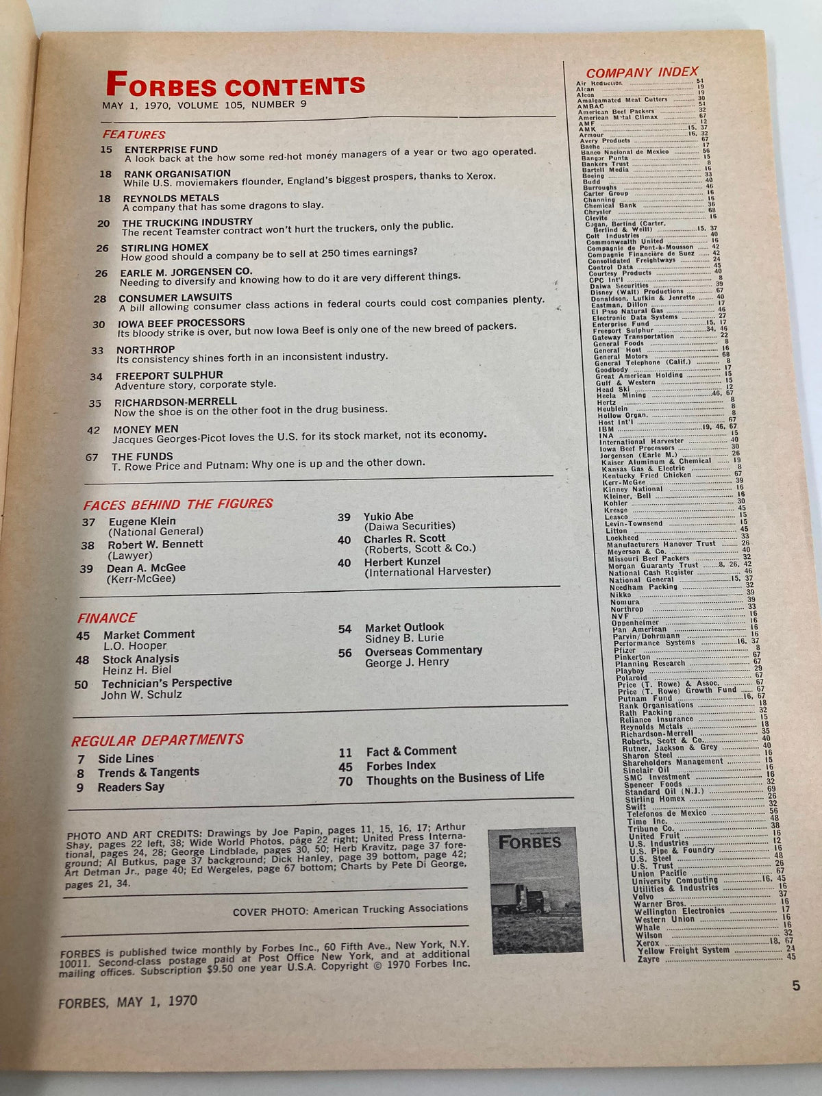 Forbes Magazine contents page from May 1, 1970, featuring articles on the trucking industry and economic insights, titled 'The Trucking Industry: Where is it Headed?'. Highlights include features on enterprise fund, finance, and key businesses of the time.