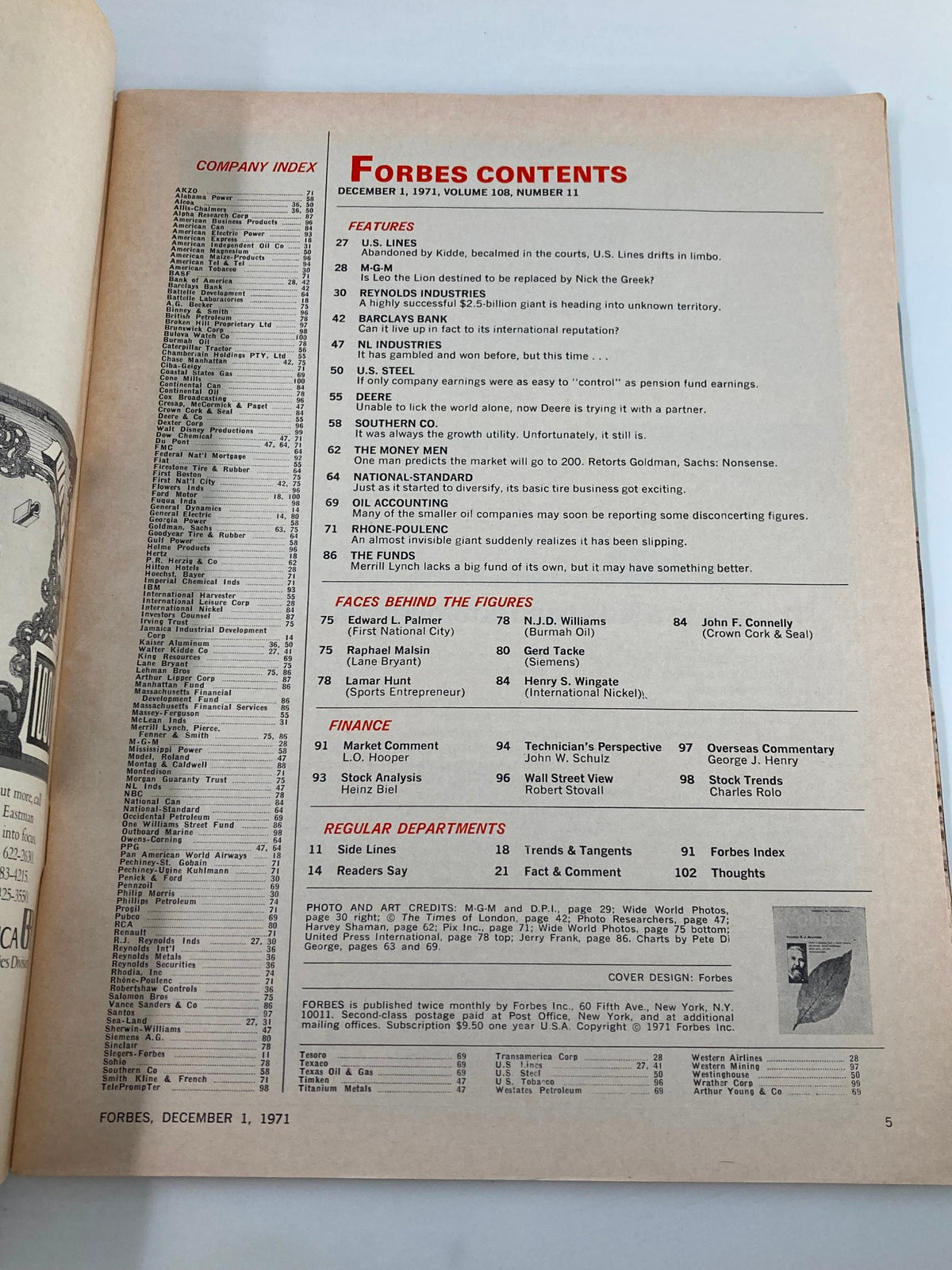 Contents page of VTG Forbes Magazine December 1, 1971, detailing features and articles including a focus on R. J. Reynolds.