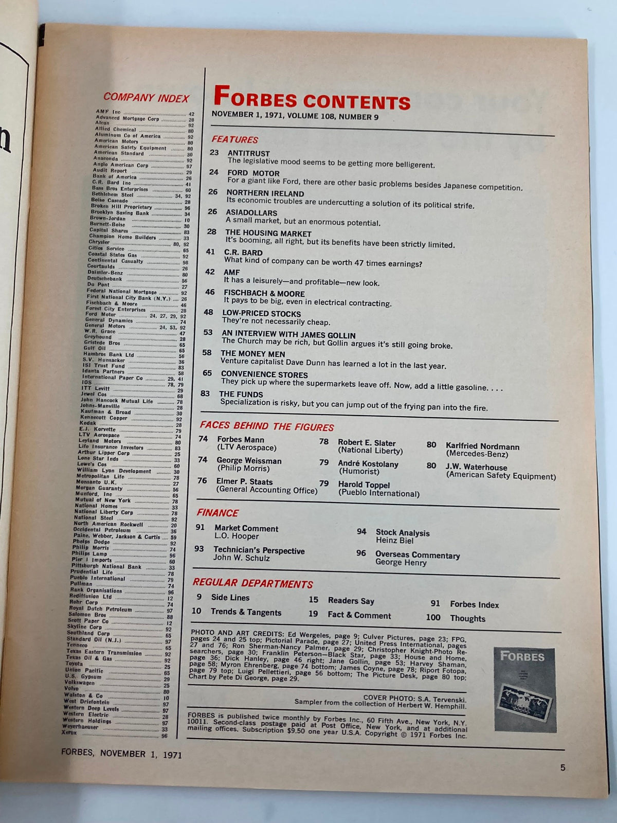 Contents page of VTG Forbes Magazine November 1 1971 detailing articles including 'The Housing Market' from the issue titled 'Our Lopsided Housing Boom'.