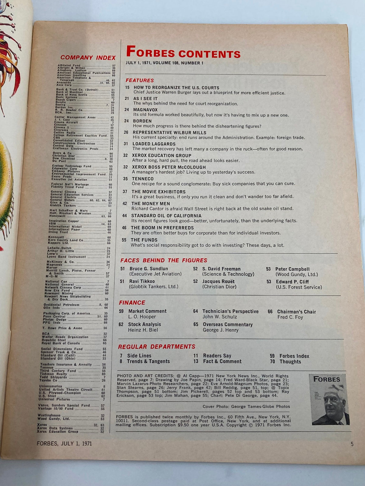 Contents page of Forbes Magazine, July 1, 1971, listing articles including 'How to Reorganize the U.S. Courts' and focusing on Chief Justice Burger's impact on law. A valuable piece of American history.