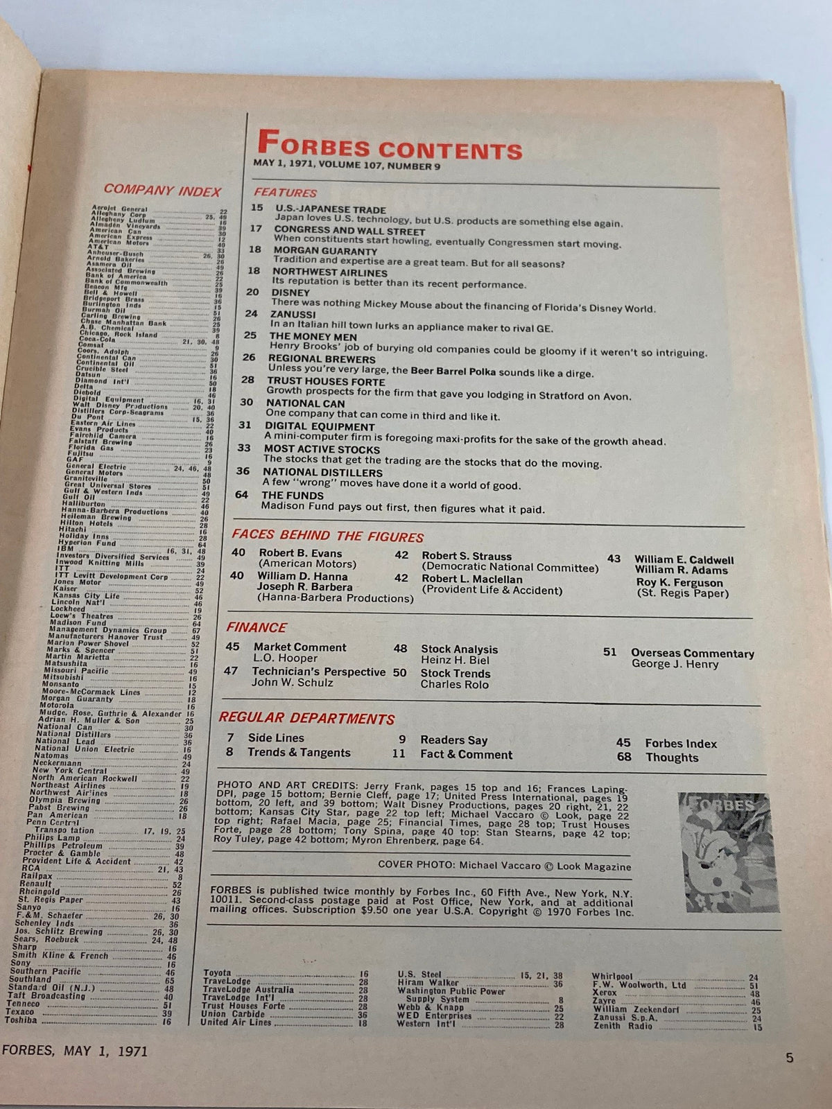 Interior page of Forbes Magazine May 1, 1971, displaying the contents section, highlighting various featured articles including a focus on Disney, with a clean layout showing article titles and page numbers.