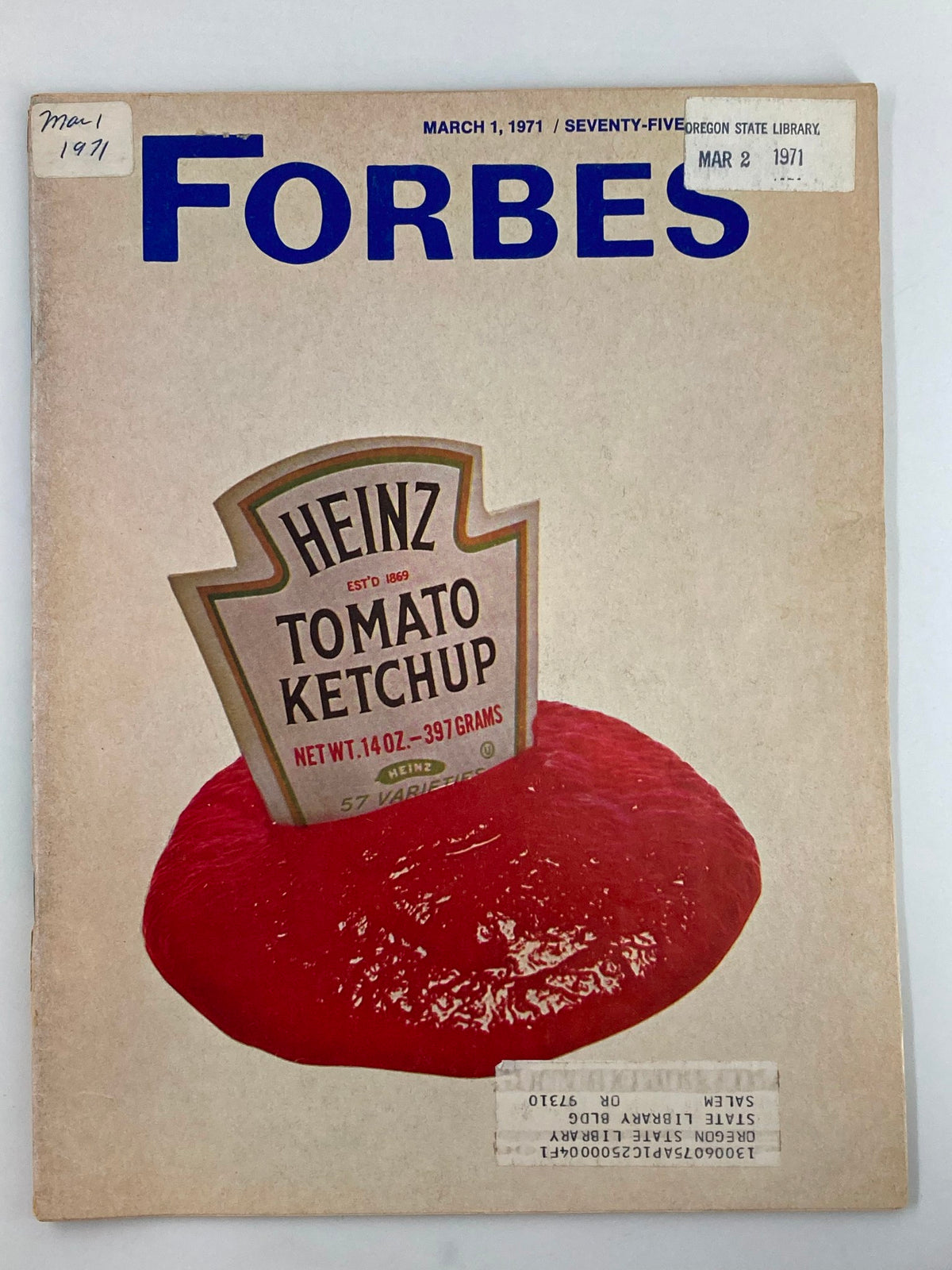 Cover of VTG Forbes Magazine from March 1, 1971, featuring Heinz Tomato Ketchup advertisement and Hugh Hefner interview.