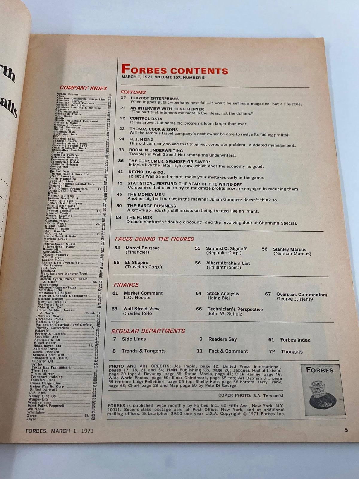 Contents page of VTG Forbes Magazine, March 1, 1971, listing articles including Hugh Hefner interview and various financial topics.
