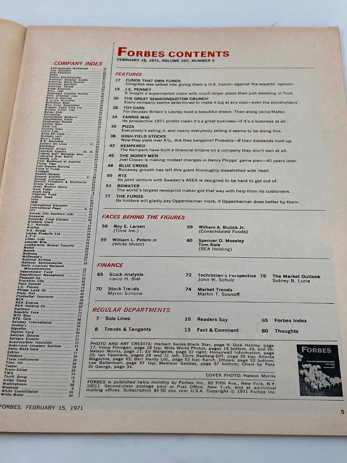 Contents page of Forbes Magazine February 15, 1971, listing various articles and features, including finance sections and company index.