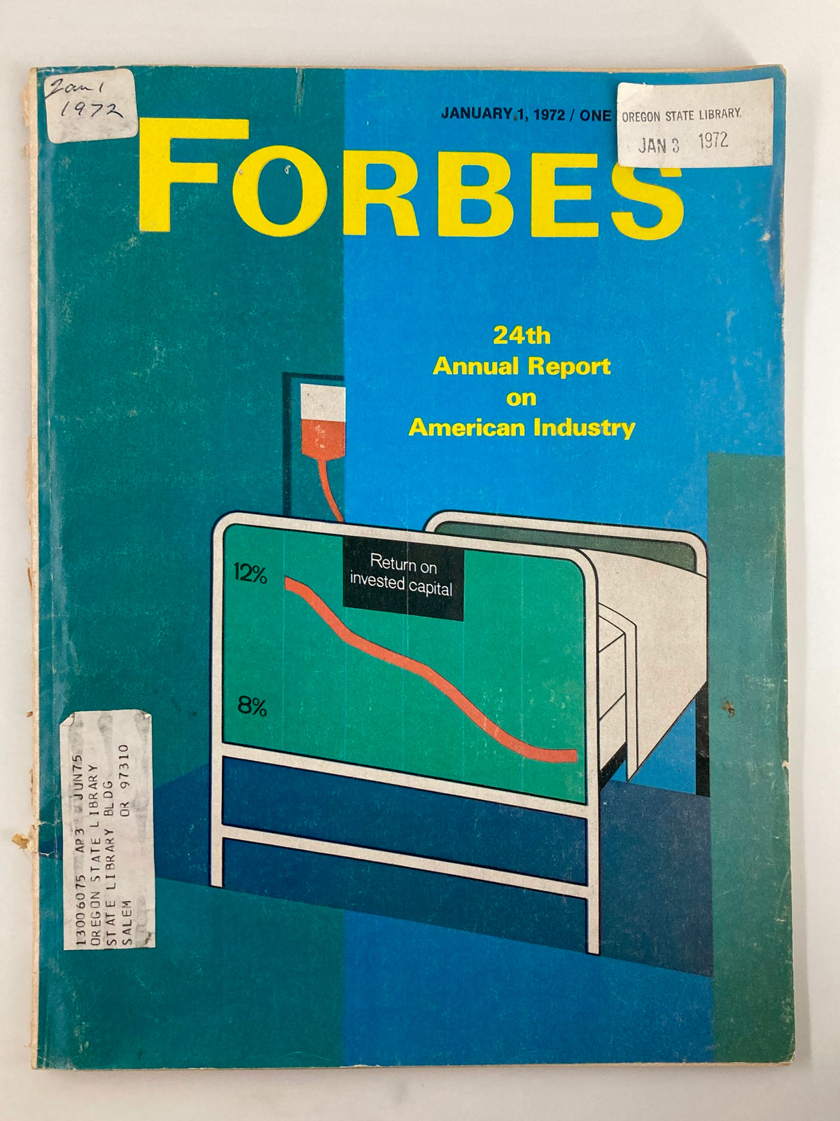 Cover of VTG Forbes Magazine January 1 1972 featuring the 24th Annual Report on American Industry, showcasing graphics related to investment returns.
