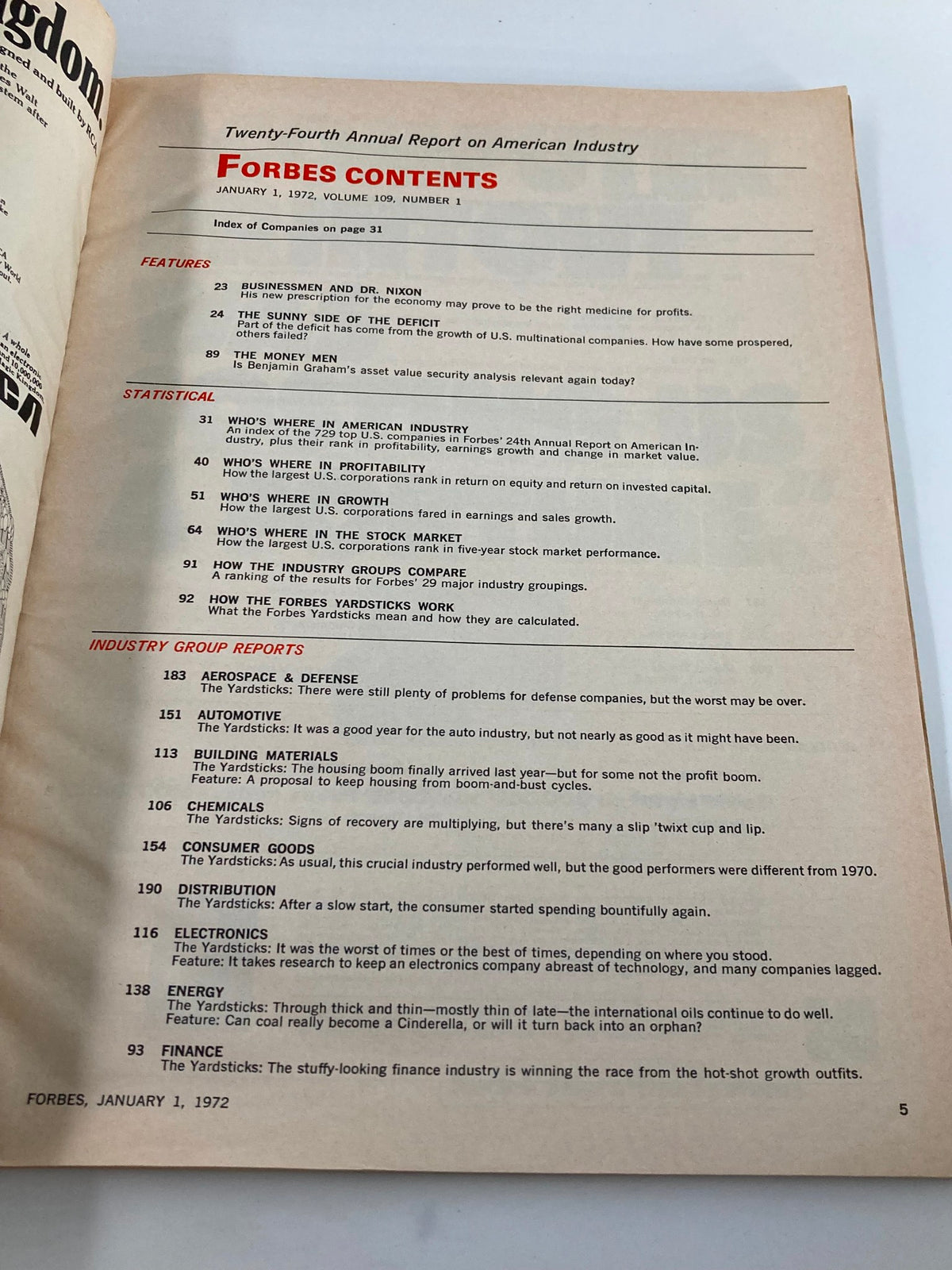 Table of contents from VTG Forbes Magazine January 1 1972, detailing key articles and statistics about American industry.