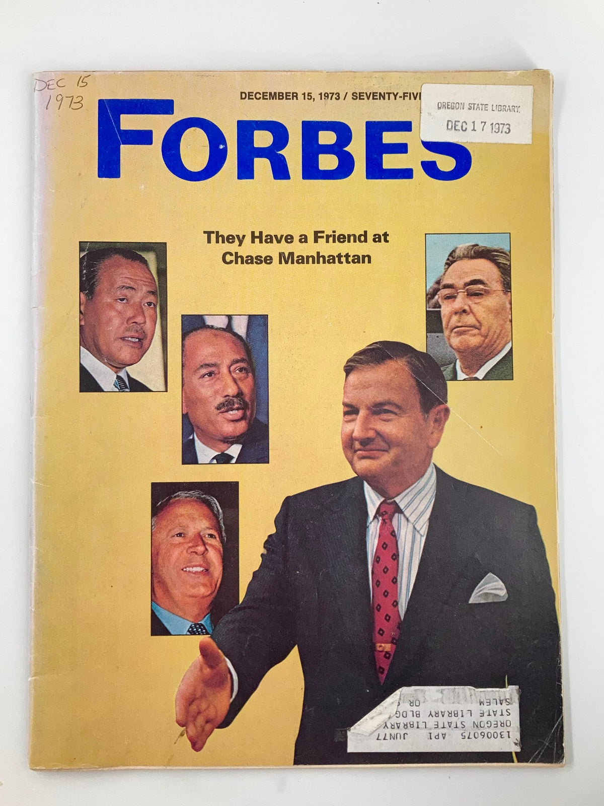 Cover of VTG Forbes Magazine dated December 15, 1973, featuring the title 'They Have a Friend at Chase Manhattan' and images of several notable figures in finance.